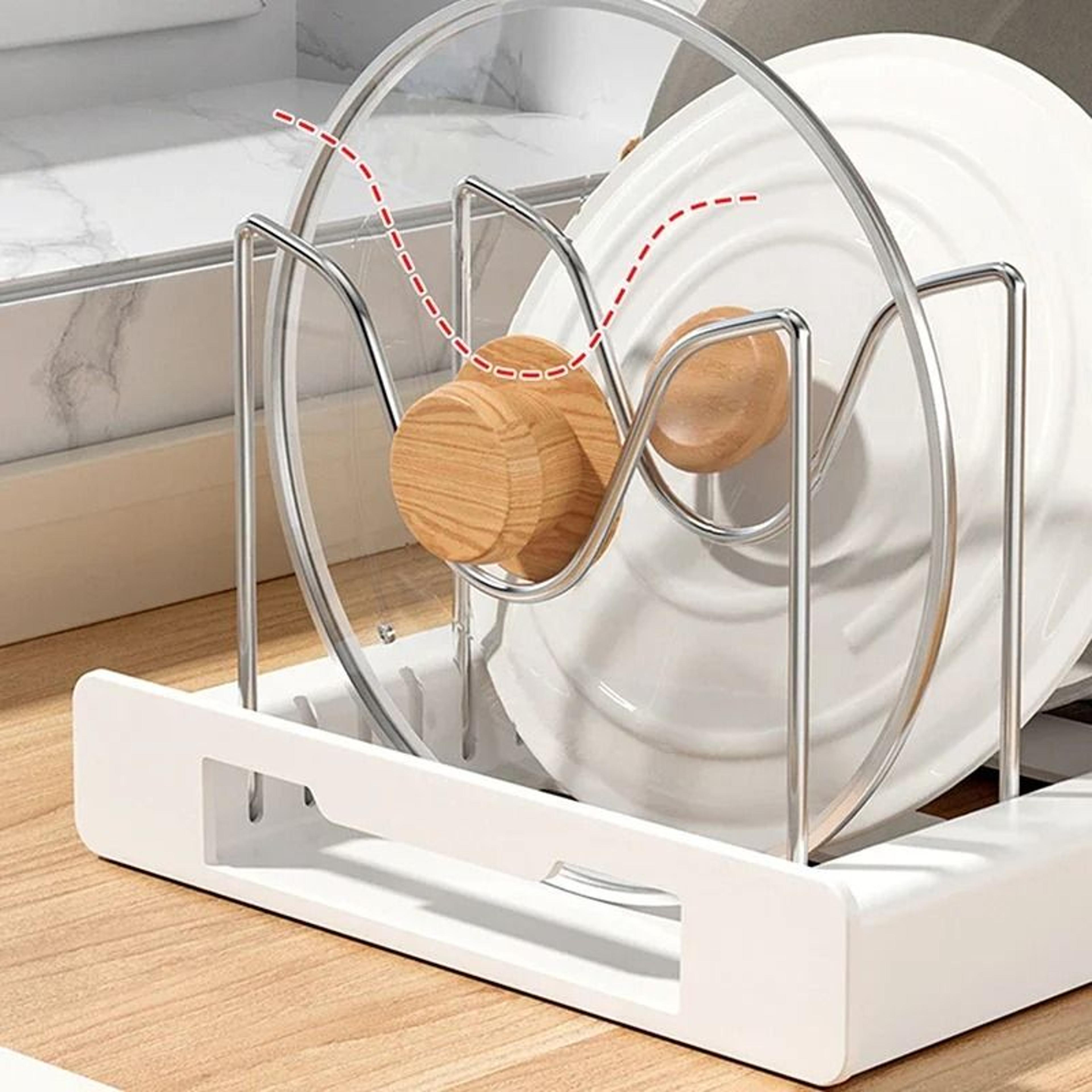 Expandable Pan Organizer Rack With Adjustable Compartments For Pots Lids And Kitchen Storage 5