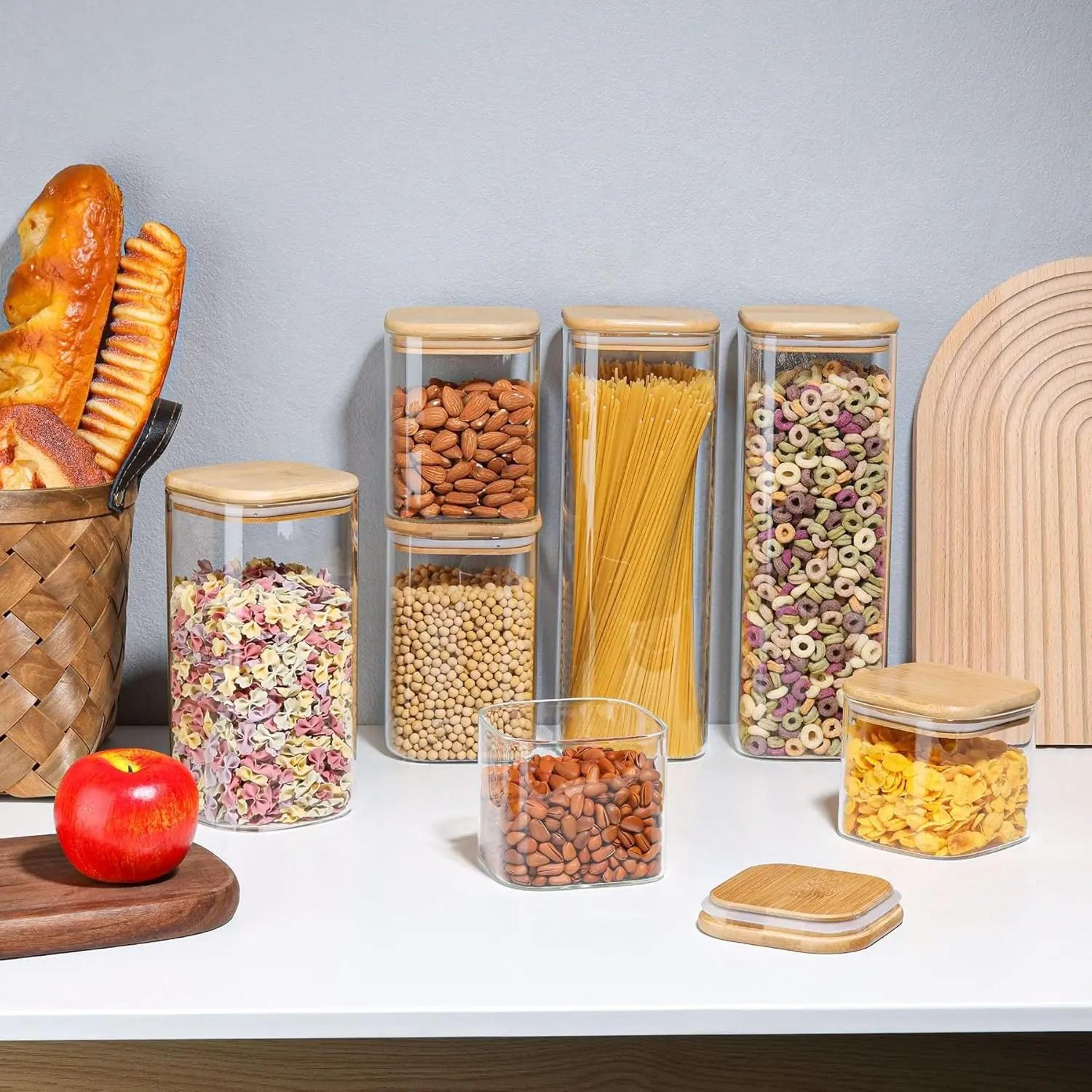 square glass storage jars with bamboo lids for pantry organization