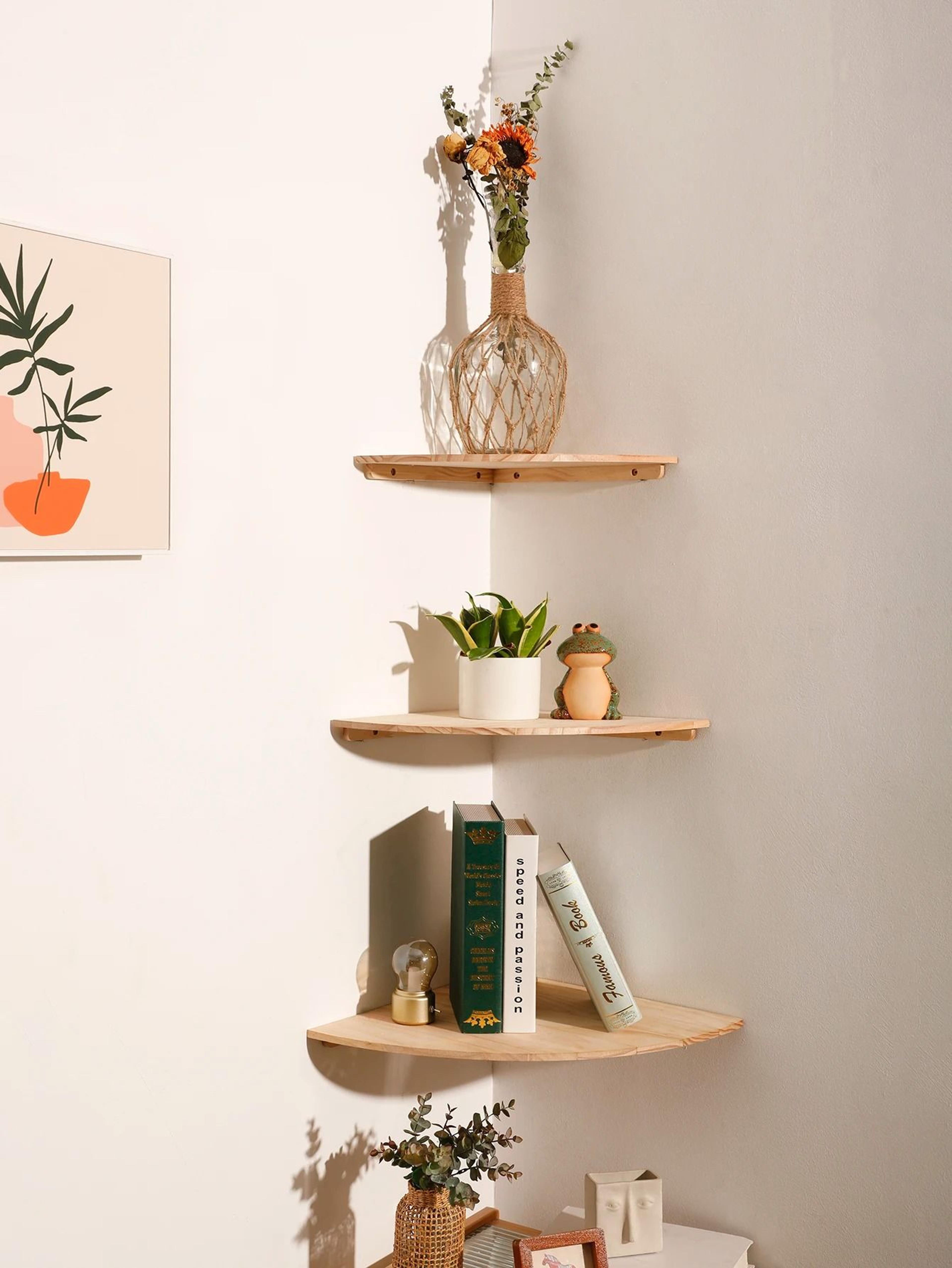 scalloped wooden corner floating wall shelf for bedroom living room decor