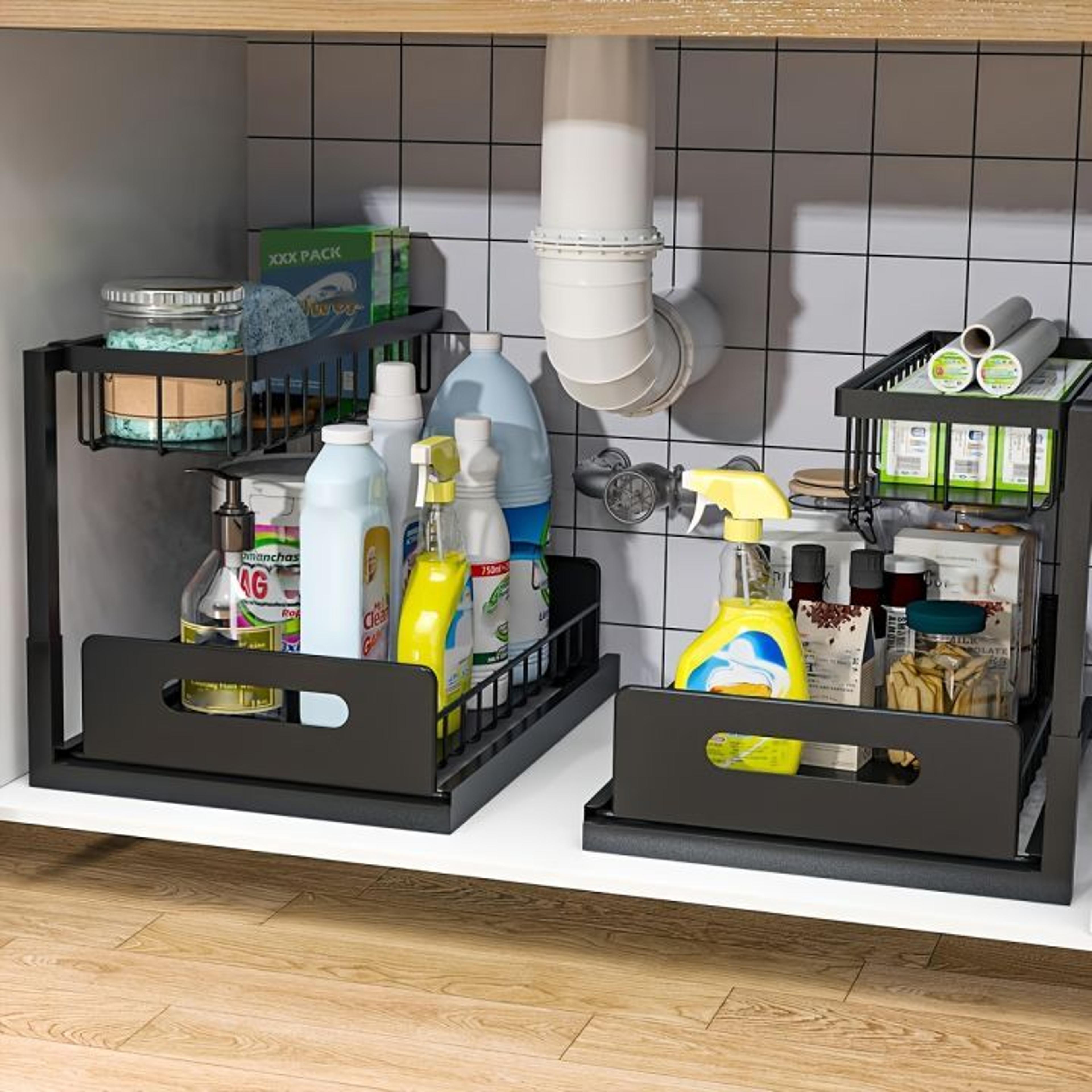 adjustable 2 tier under sink organizer with sliding drawer