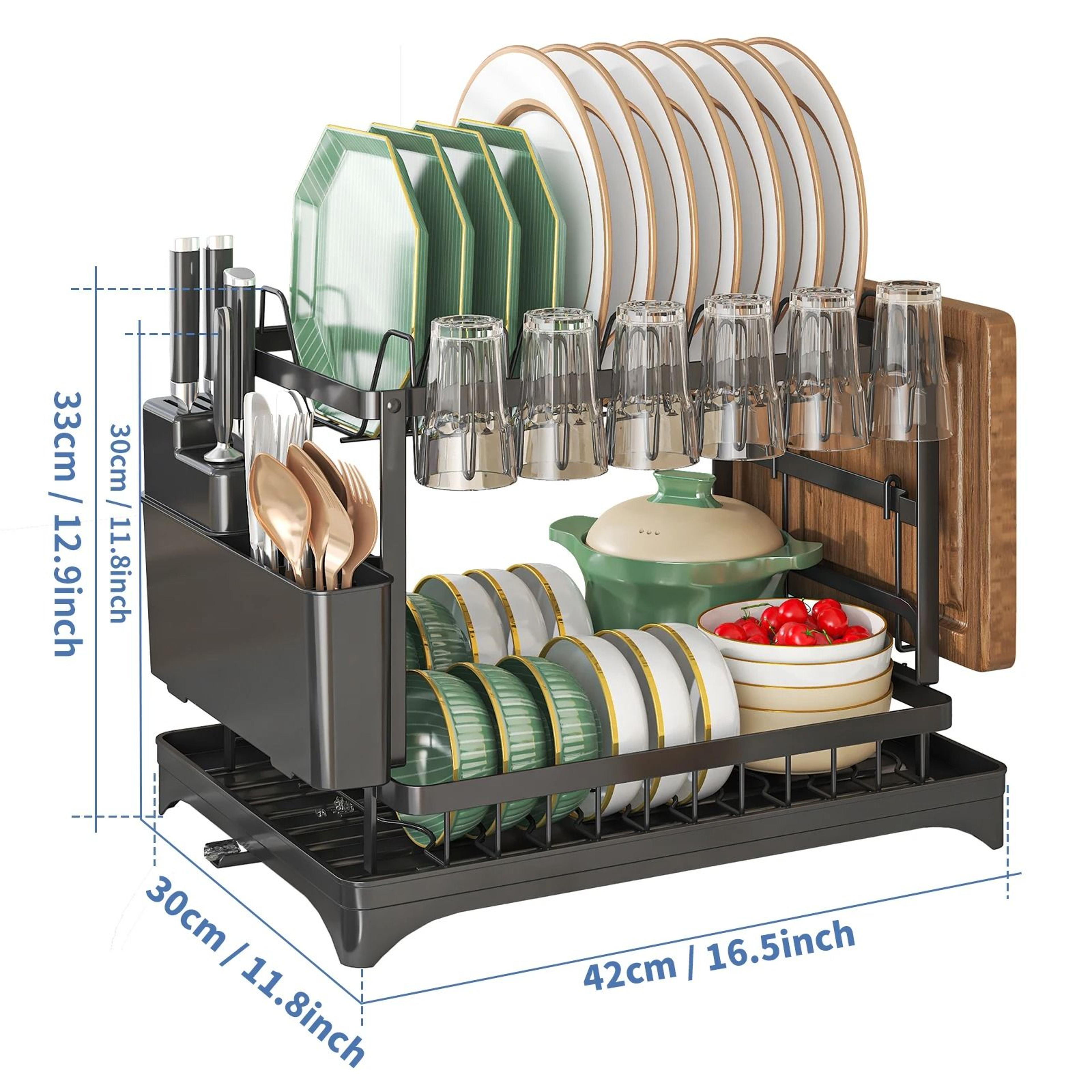 2 Tier Dish Drying Rack With Cutlery Holder And Drain Tray 4
