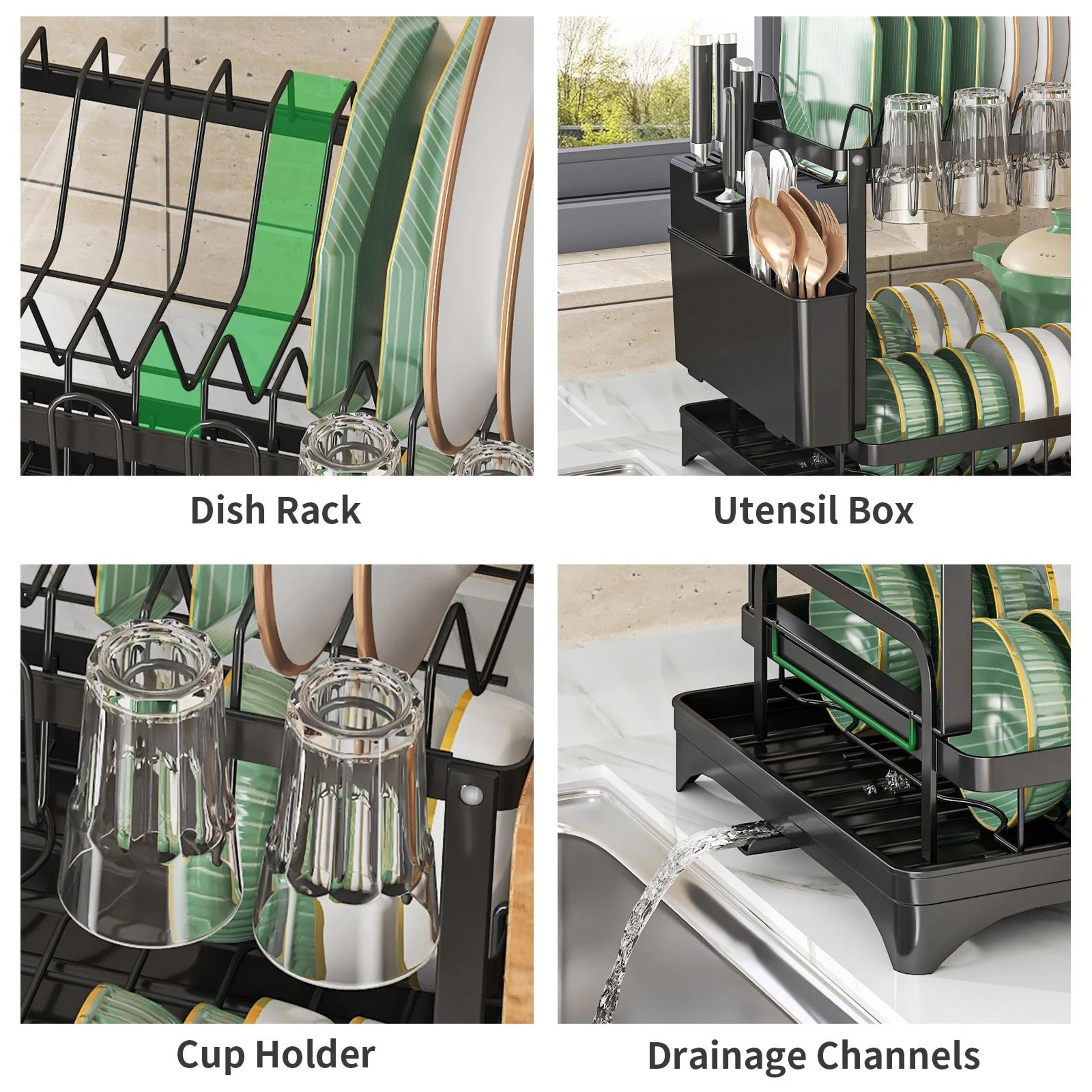 2 Tier Dish Drying Rack With Cutlery Holder And Drain Tray 5