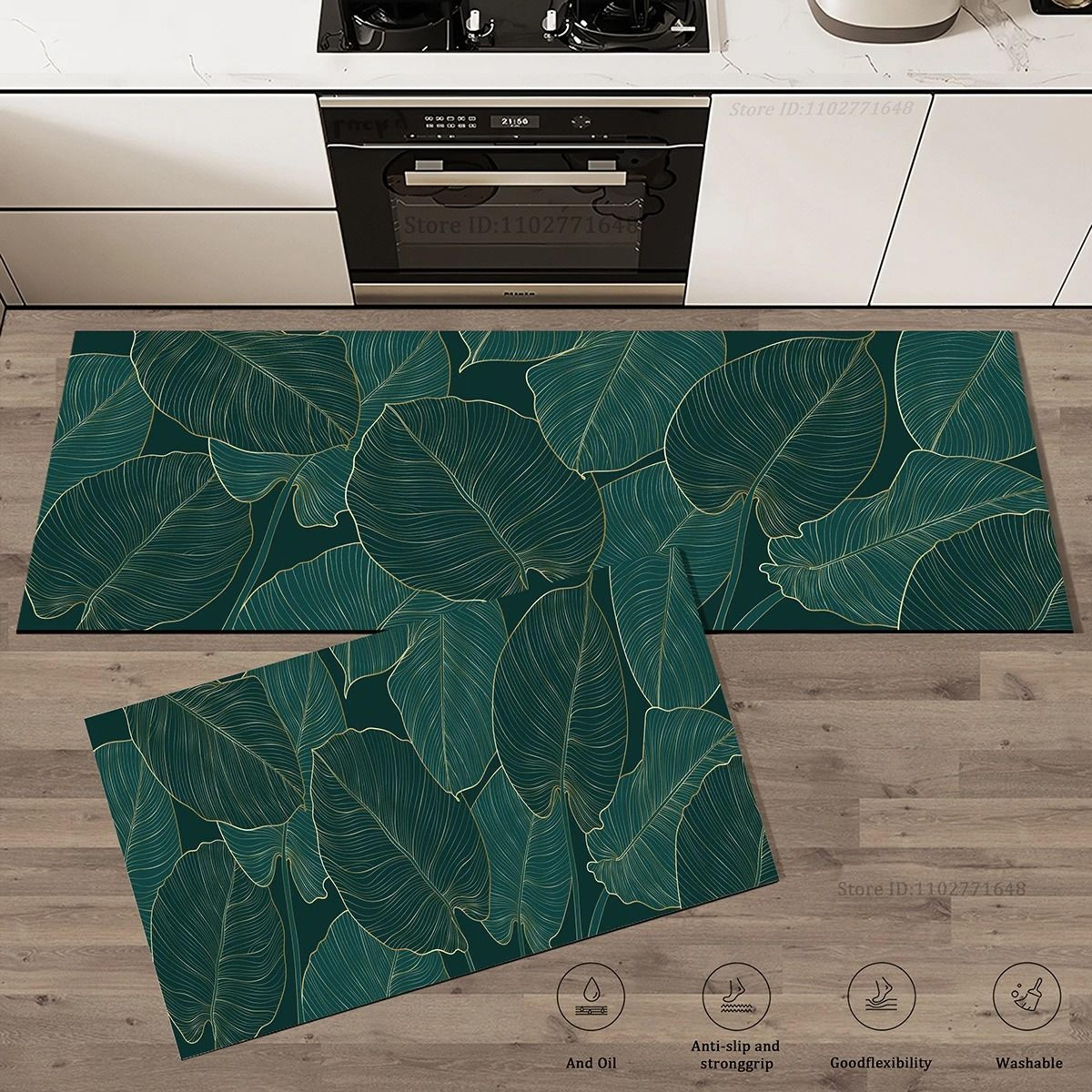 Green Leaves Absorbent Kitchen Mat For Non Slip Floor Protection 2
