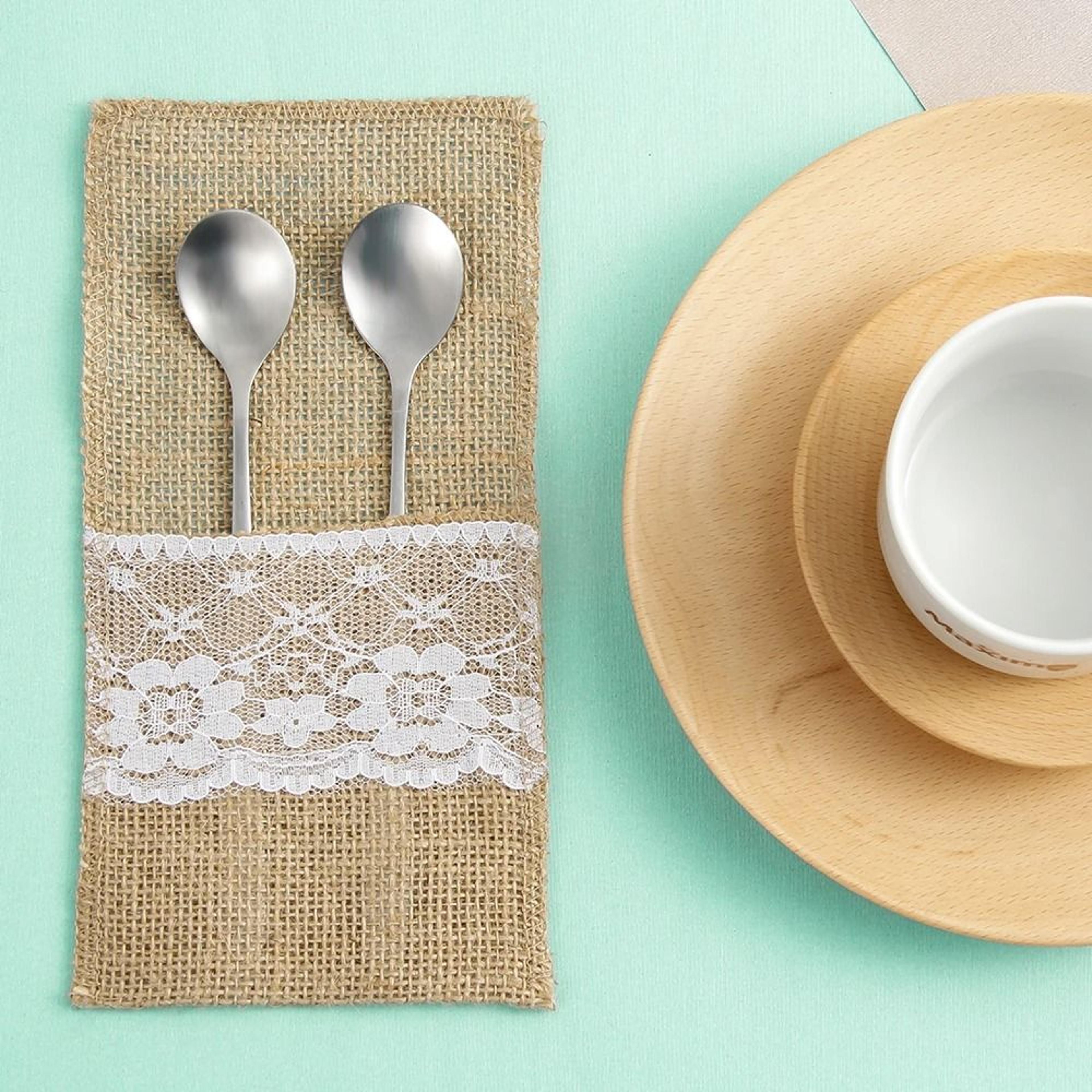 50 Piece Burlap Lace Cutlery Pouch Set For Rustic Table Decor 7