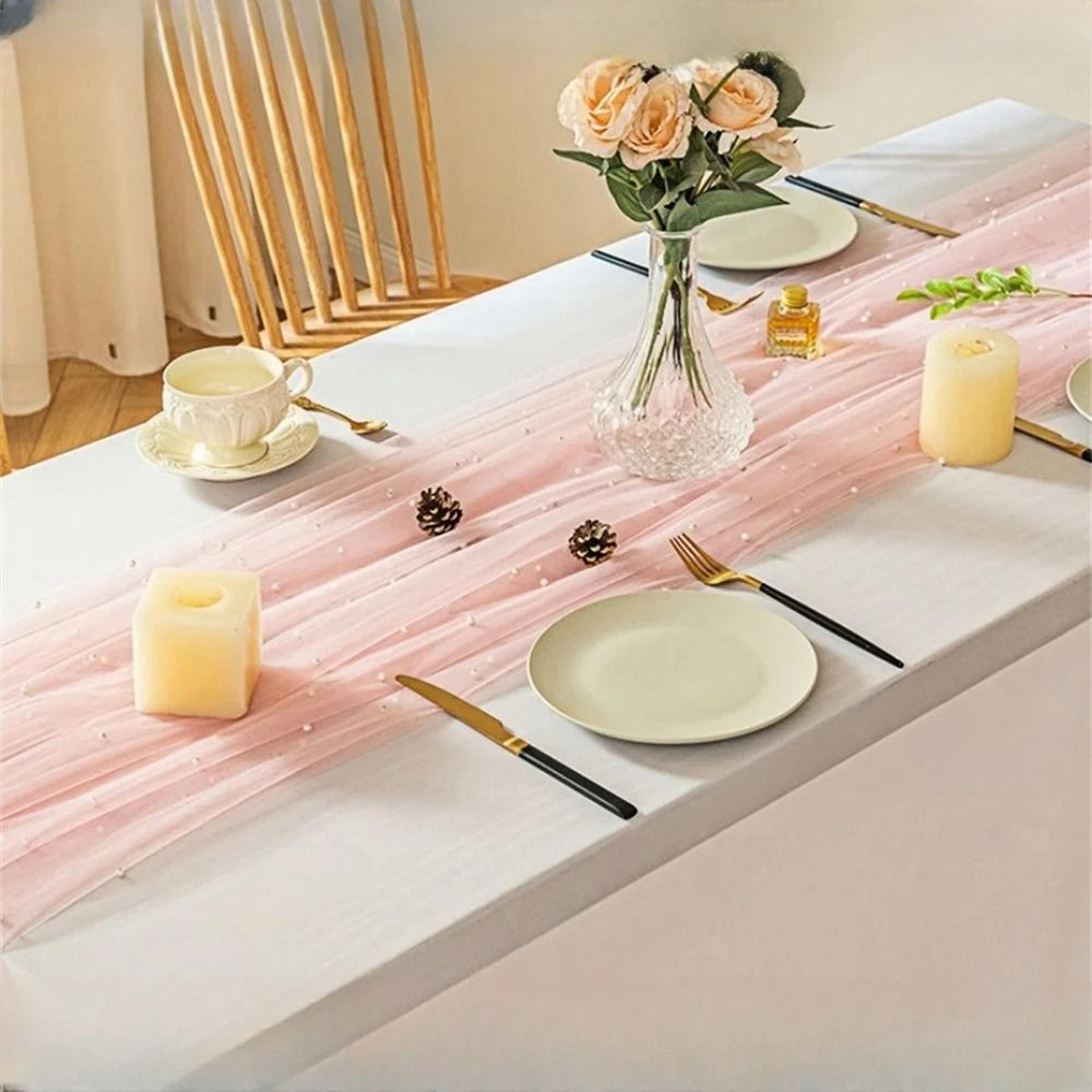 Pink Gauze Pearl Table Runner For Wedding Decor 1