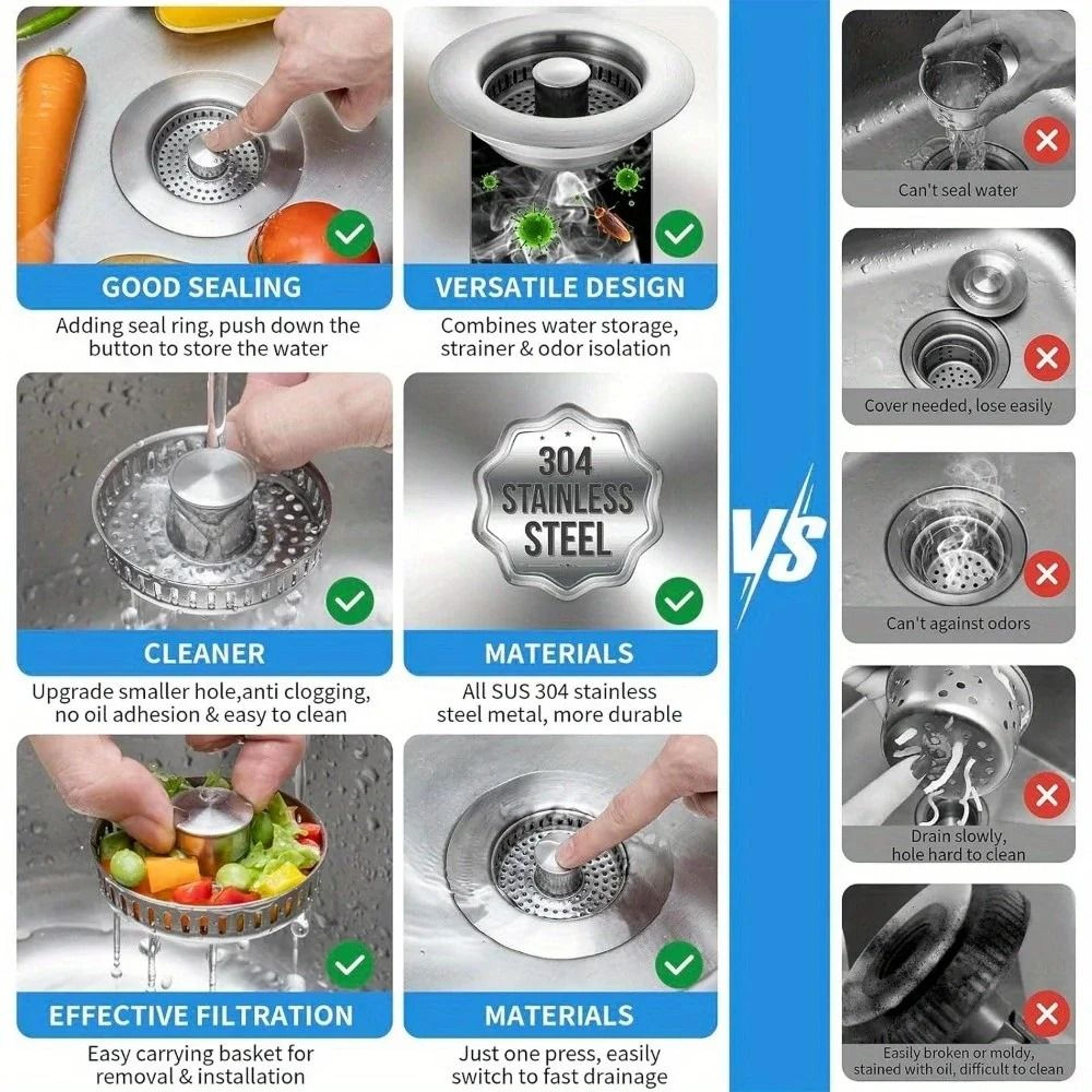 CleanFlow 3 In 1 Kitchen Sink Strainer With Pop Up Stopper 5