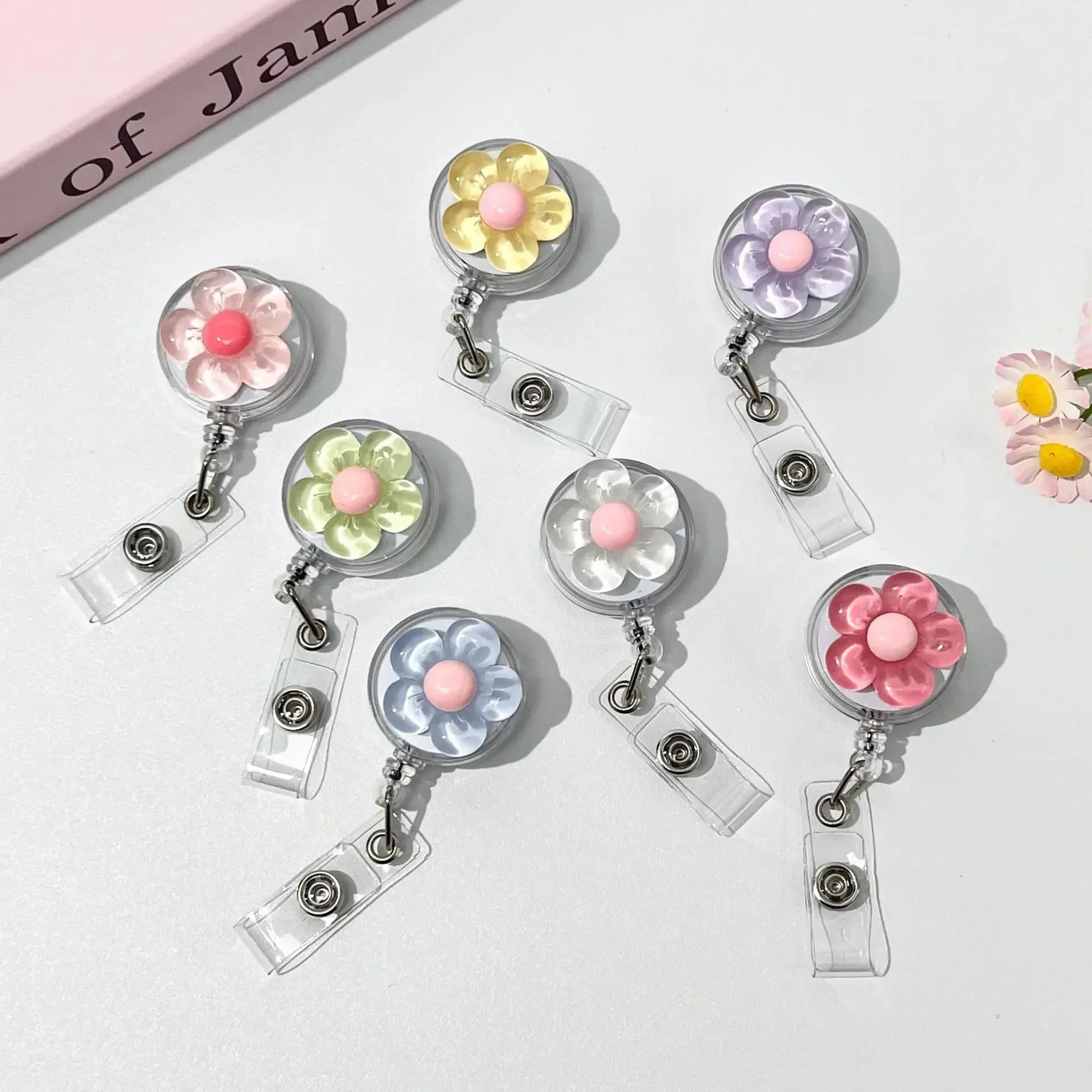 bloomclip retractable flower badge reel for ids keys and cards