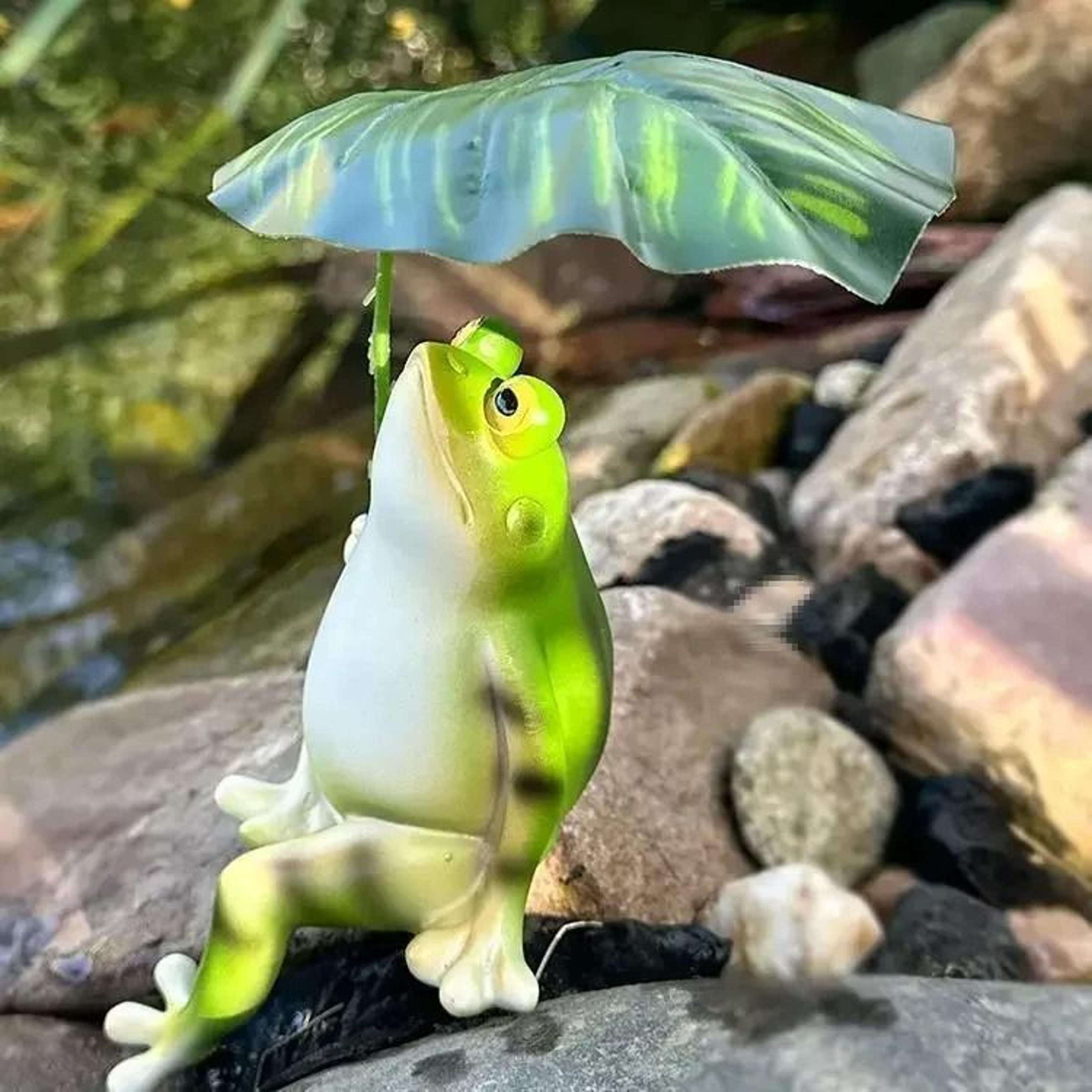 Cute Leaf Umbrella Frog Garden Statue For Yard Aquarium And Home Decor 5