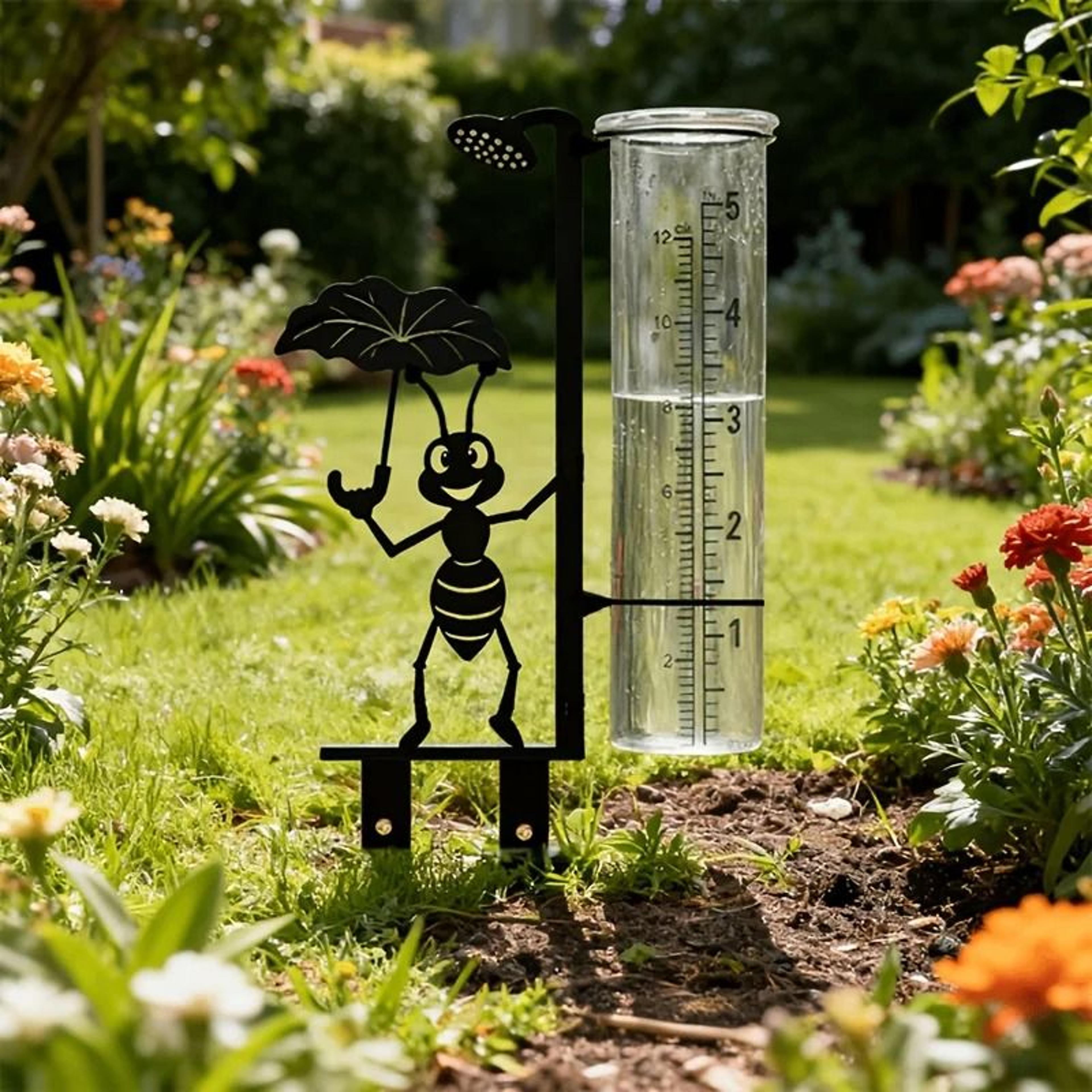 Decorative Metal Ant Rain Gauge With Clear Glass Measuring Cup For Gardens 3