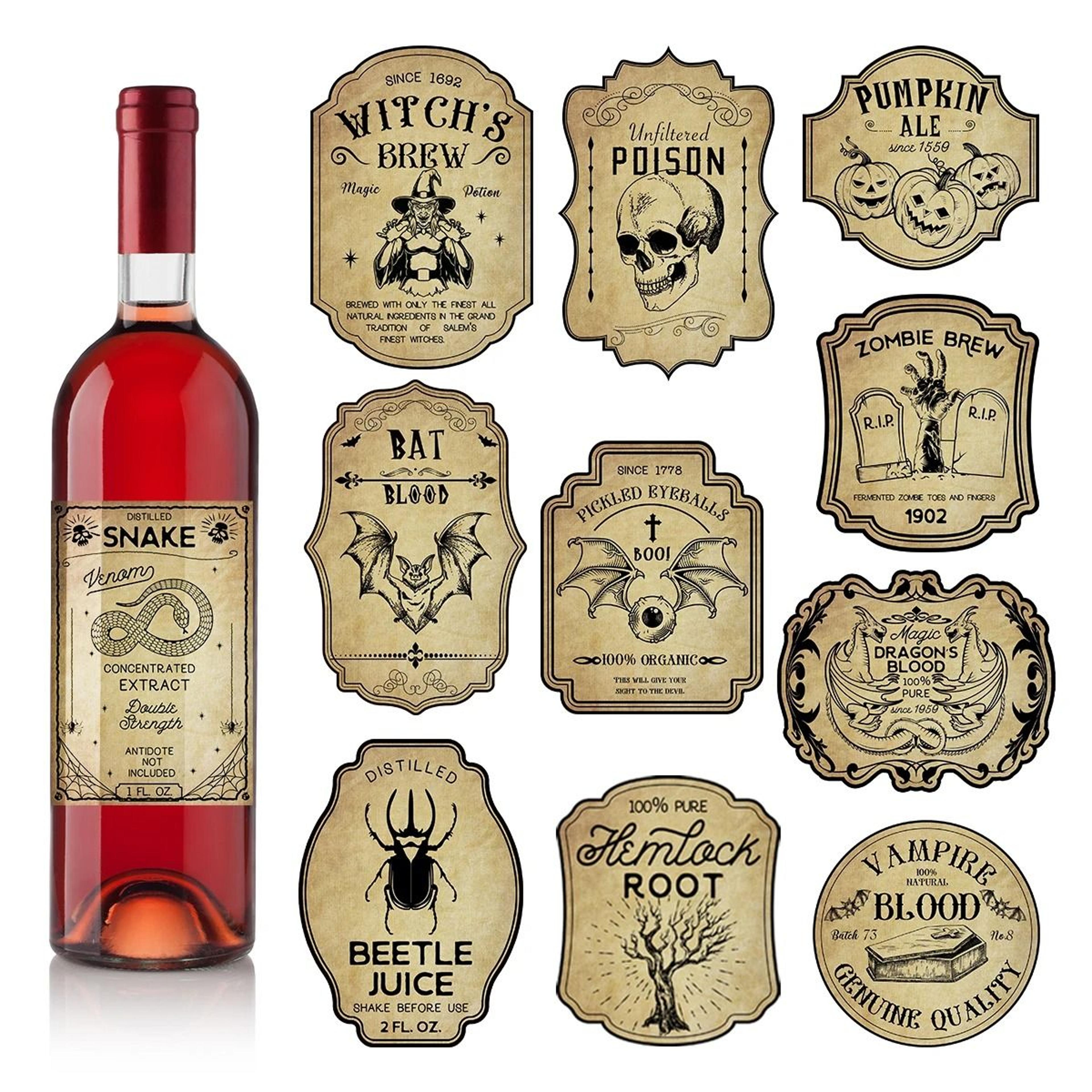 vintage gothic potion bottle labels for spooky halloween parties and displays