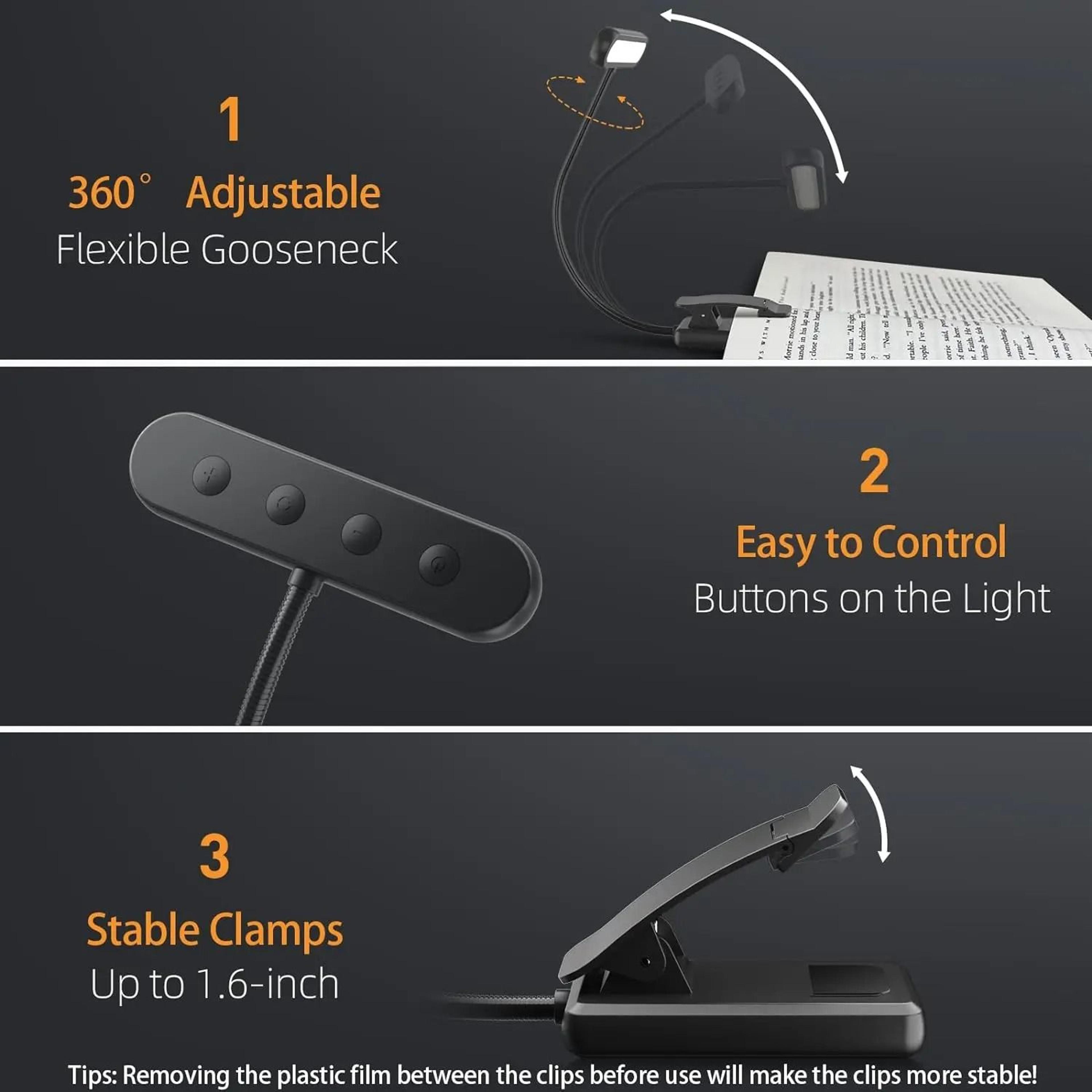 Rechargeable Clip On Book Light With Adjustable Three Color Reading Modes 8