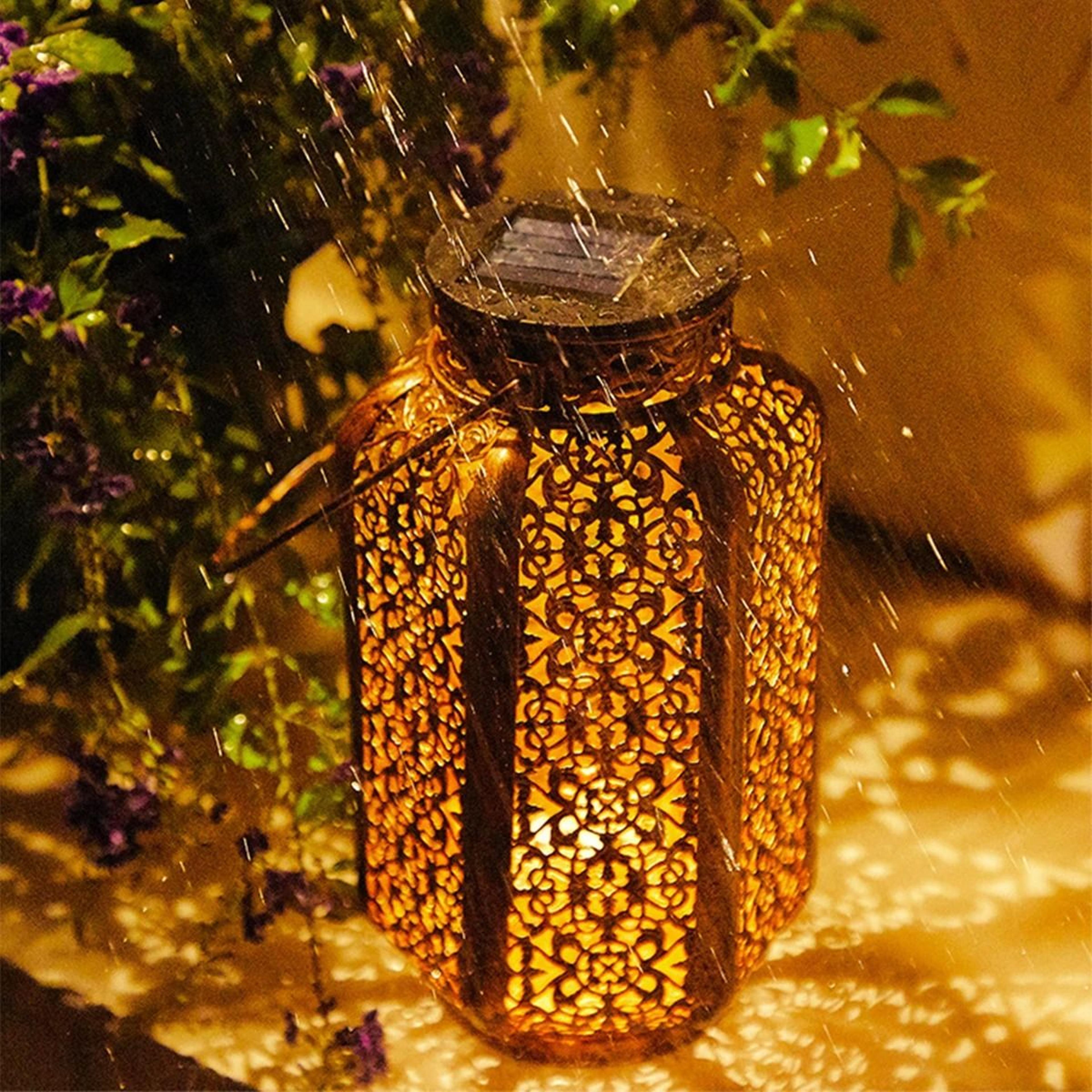 Solar Hanging Iron Lantern Casts Vintage Patterns Across Gardens Patios Pathways 6