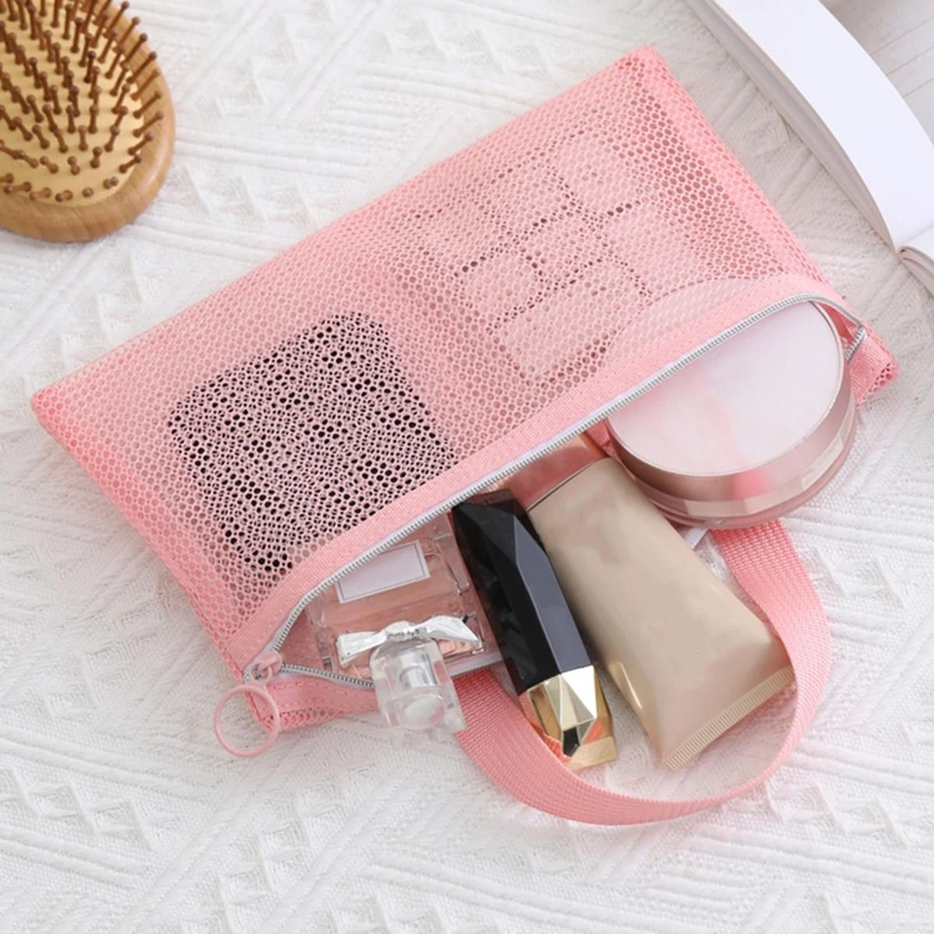 Pink Multi Pocket Mesh Makeup Bag For Beach Pool And Travel 6
