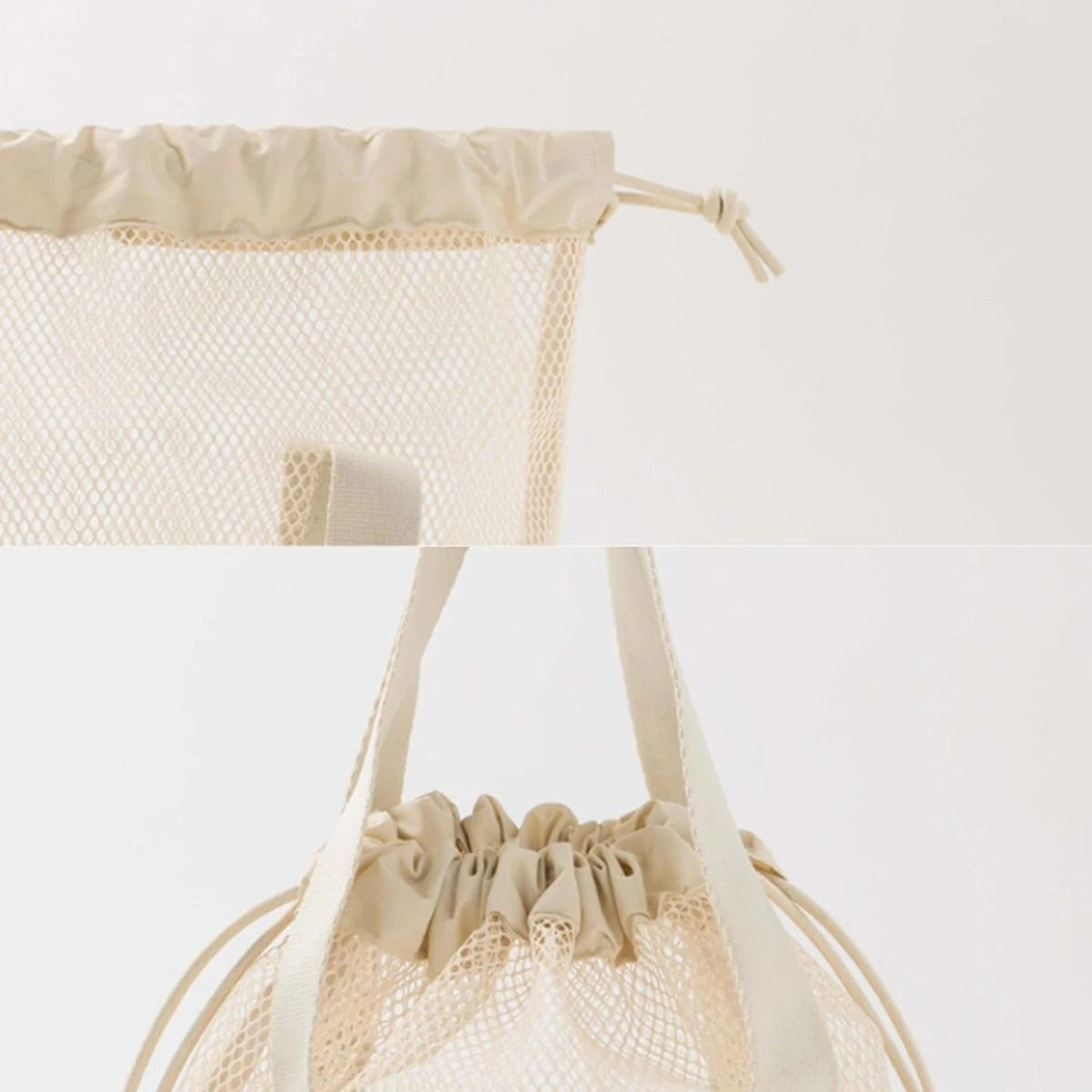 Beige Foldable Mesh Travel Toiletry Bag With Drawstring Storage 7