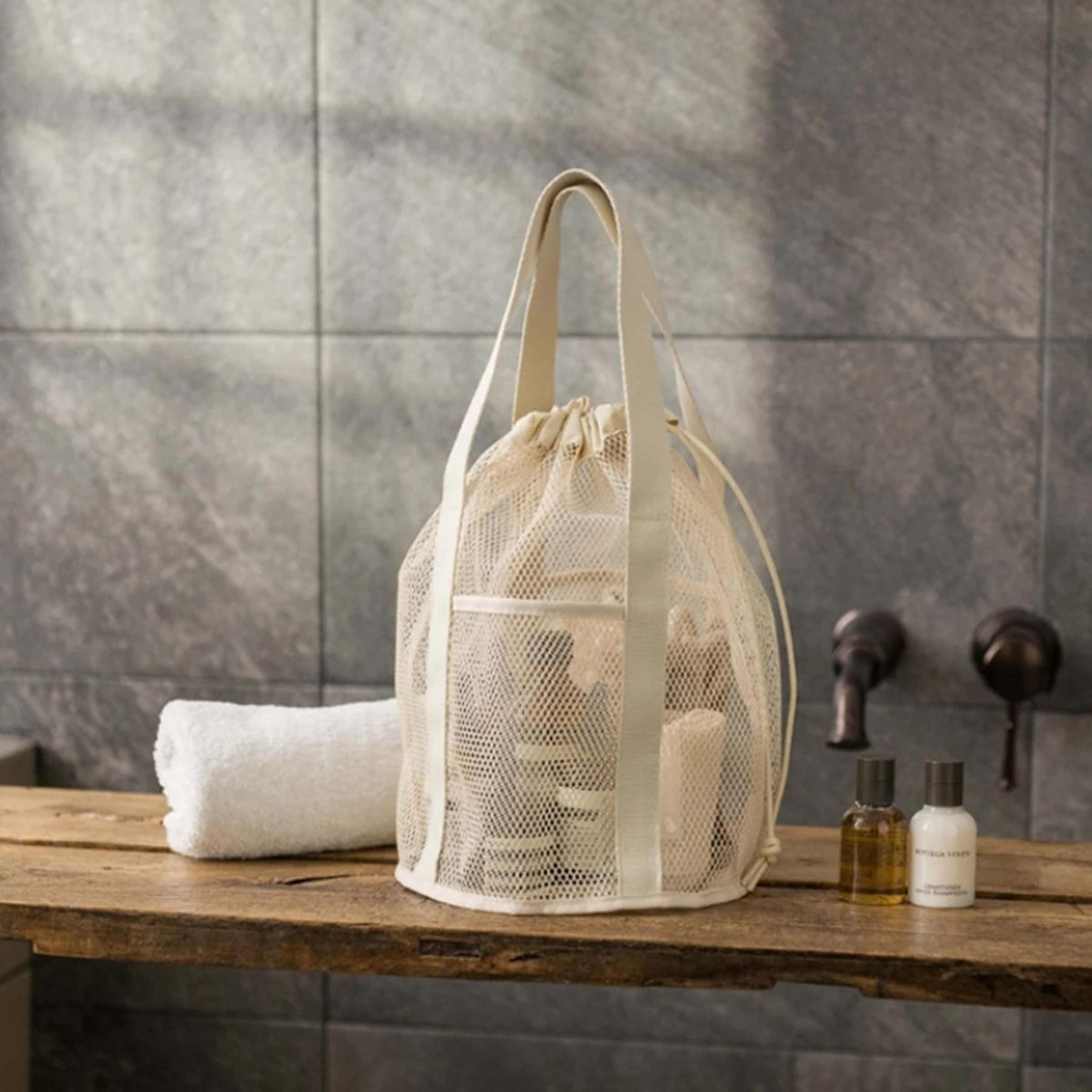 Beige Foldable Mesh Travel Toiletry Bag With Drawstring Storage 1