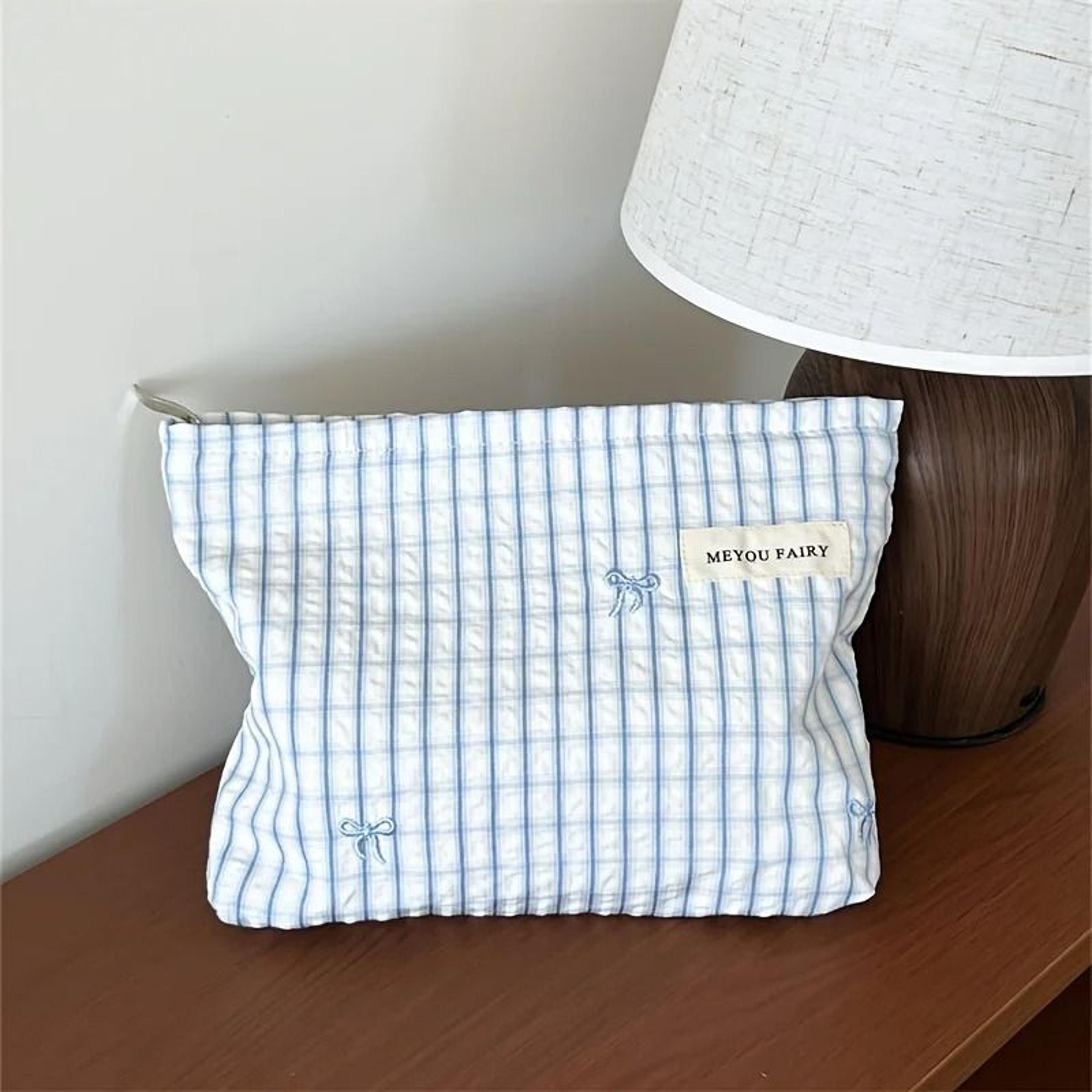 Light Blue Striped Bow Travel Makeup Organizer Bag 3