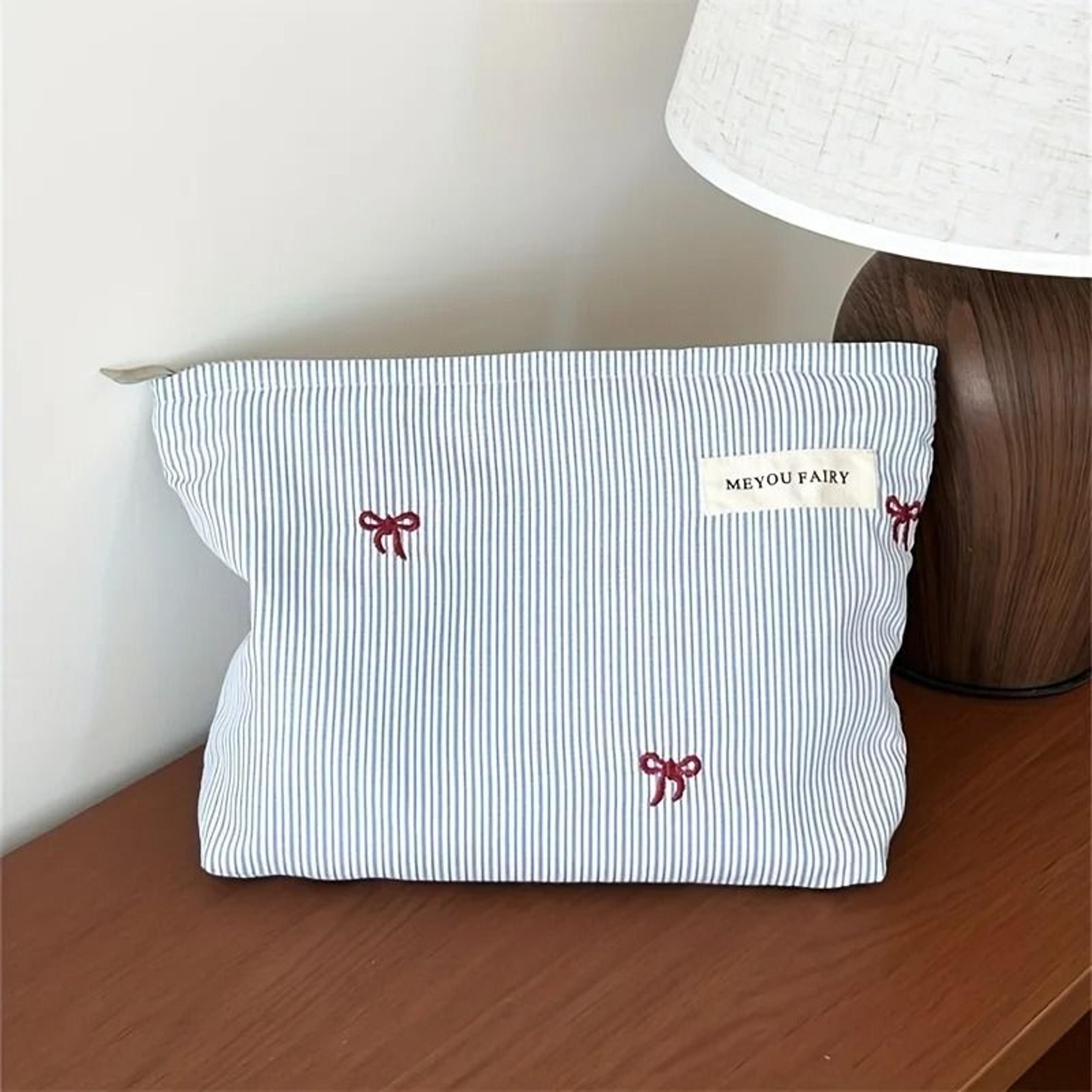 Light Blue Striped Bow Travel Makeup Organizer Bag 2