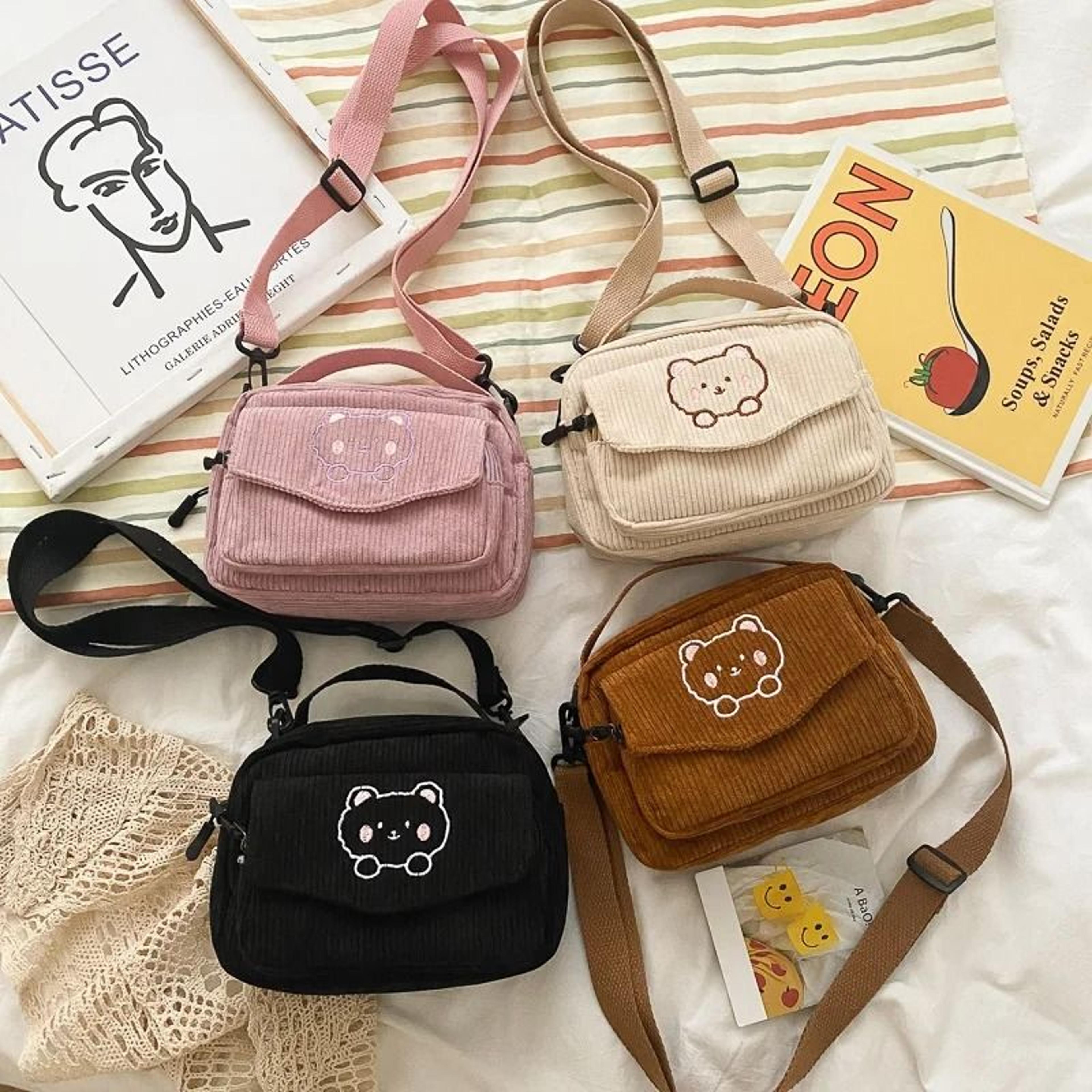 cute teddy bear embroidered corduroy crossbody shoulder bag for women everyday leisure