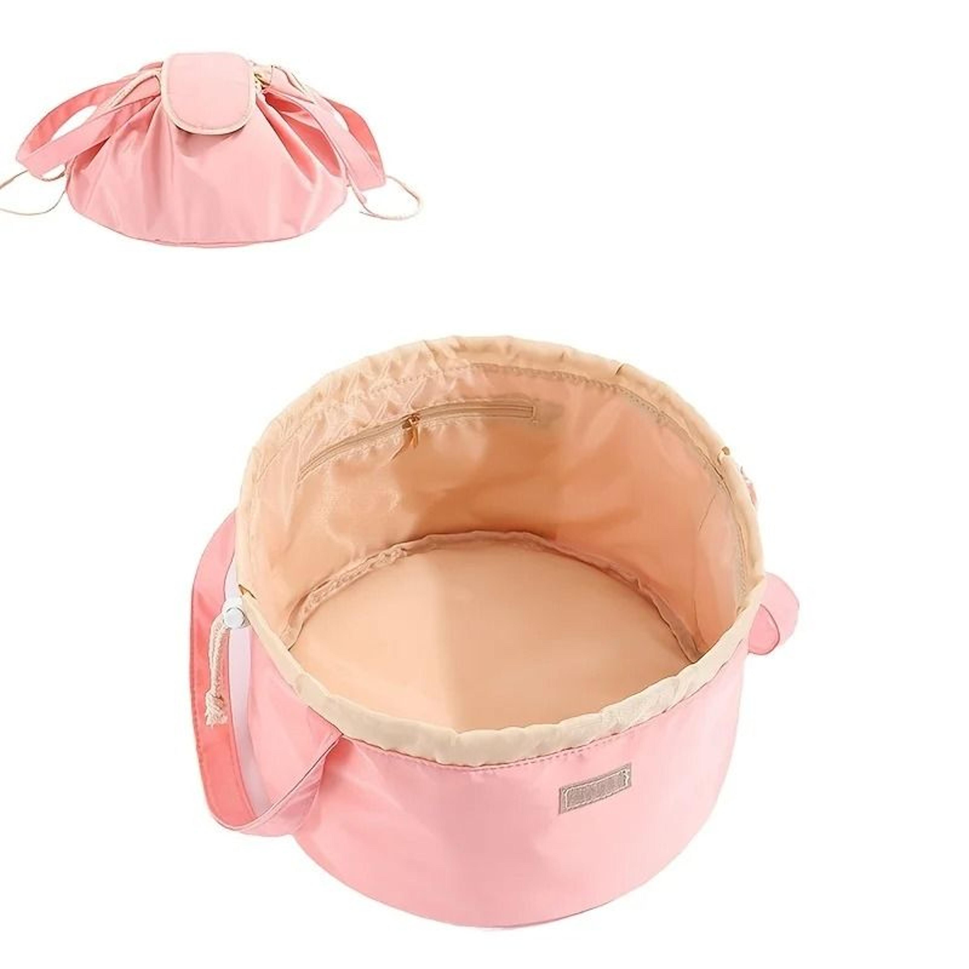 Large Capacity Drawstring Bucket Makeup Bag With Adjustable Strap And Storage Pockets 2