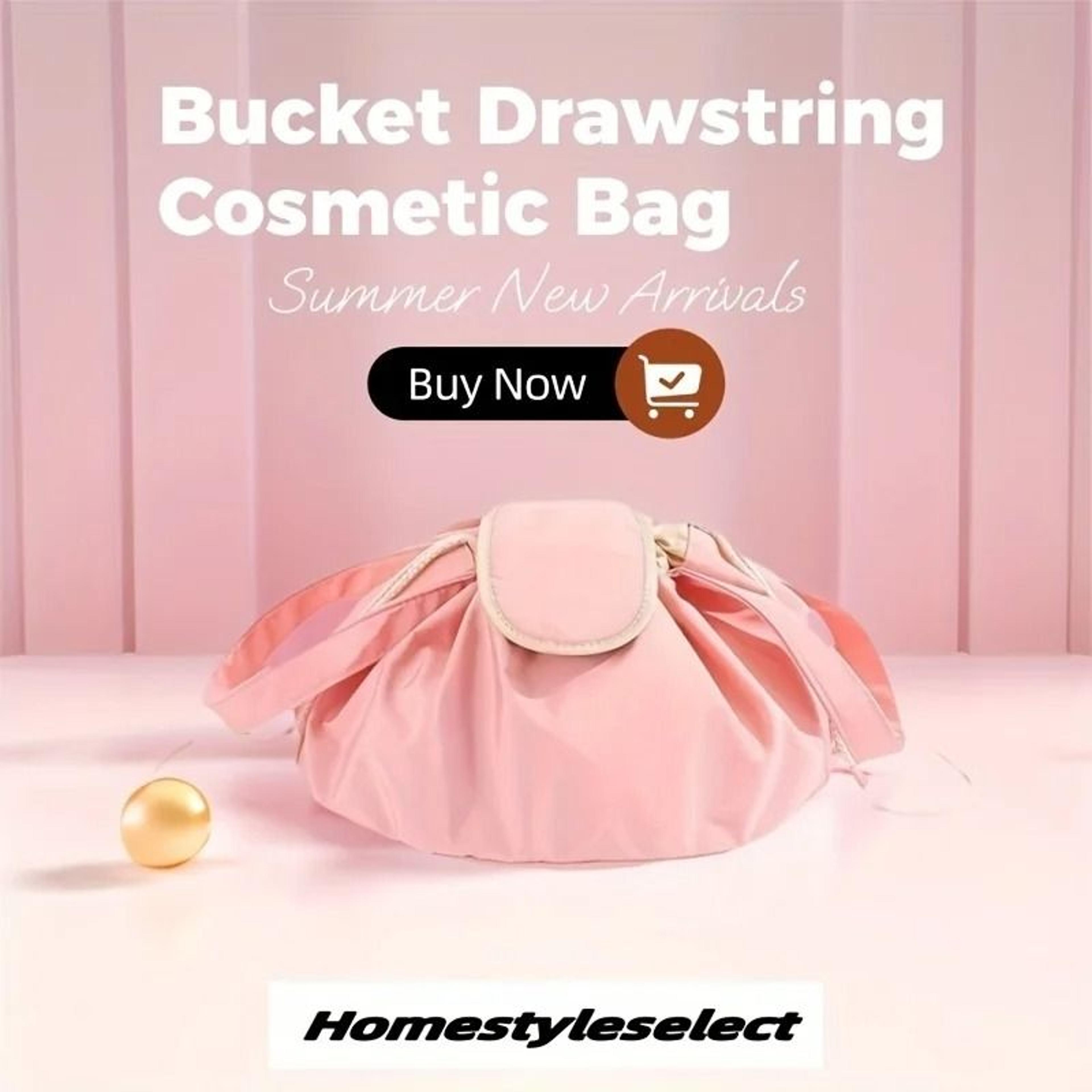 Large Capacity Drawstring Bucket Makeup Bag With Adjustable Strap And Storage Pockets 8