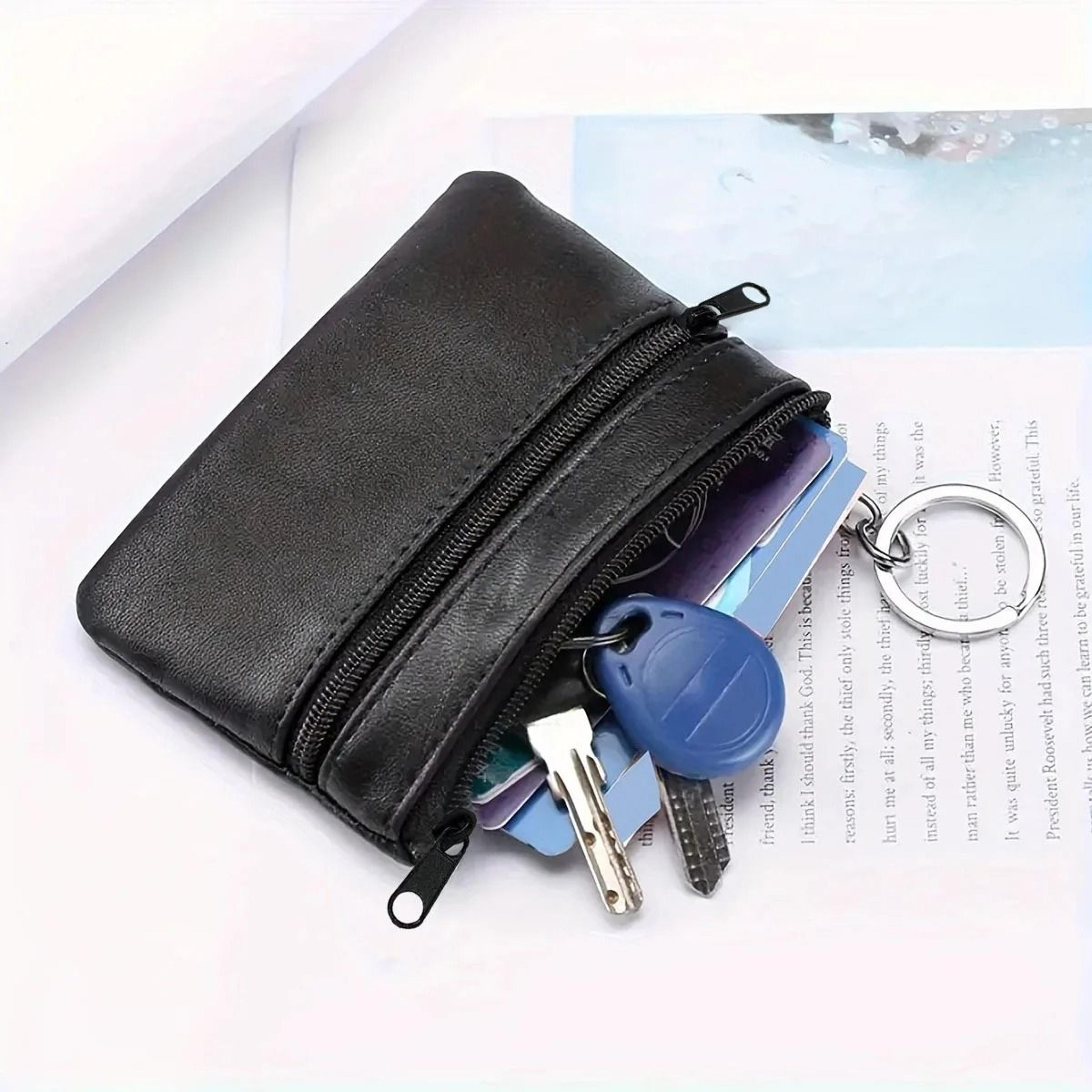 compact black pu leather wristlet coin purse with zipper card storage pouch