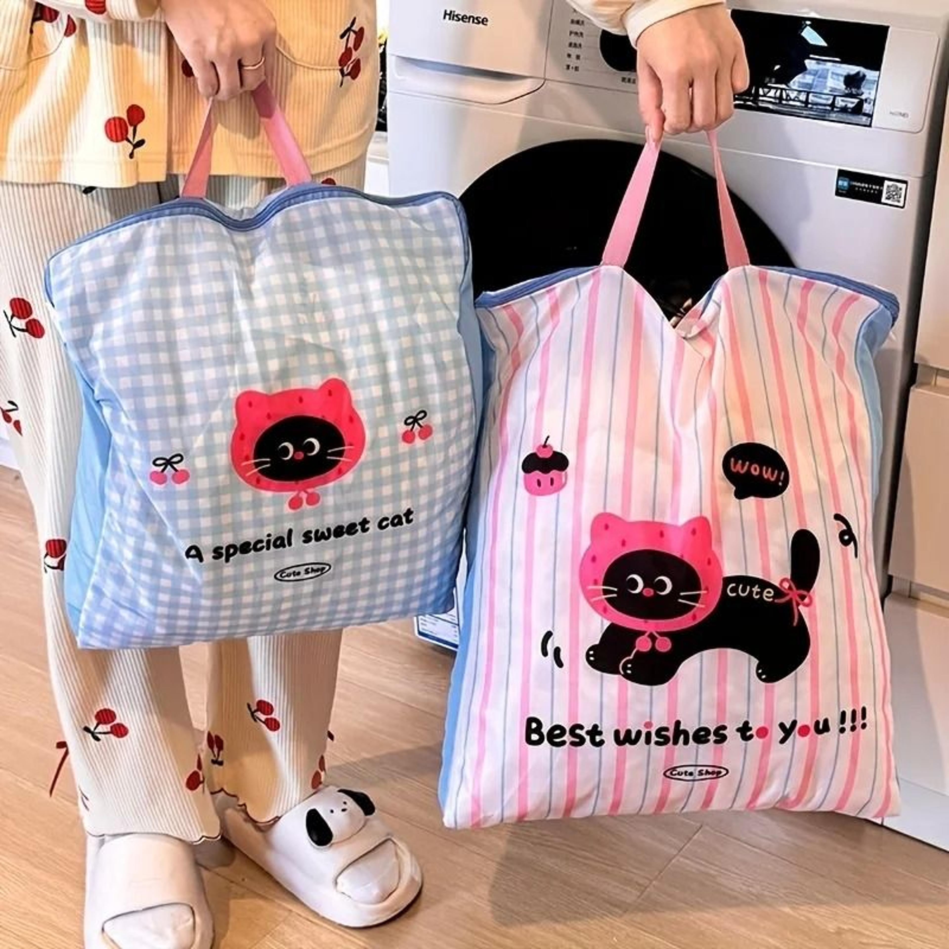 Cute Cat Panda Zippered Laundry Bag Durable Polyester Hamper For Home Travel 5