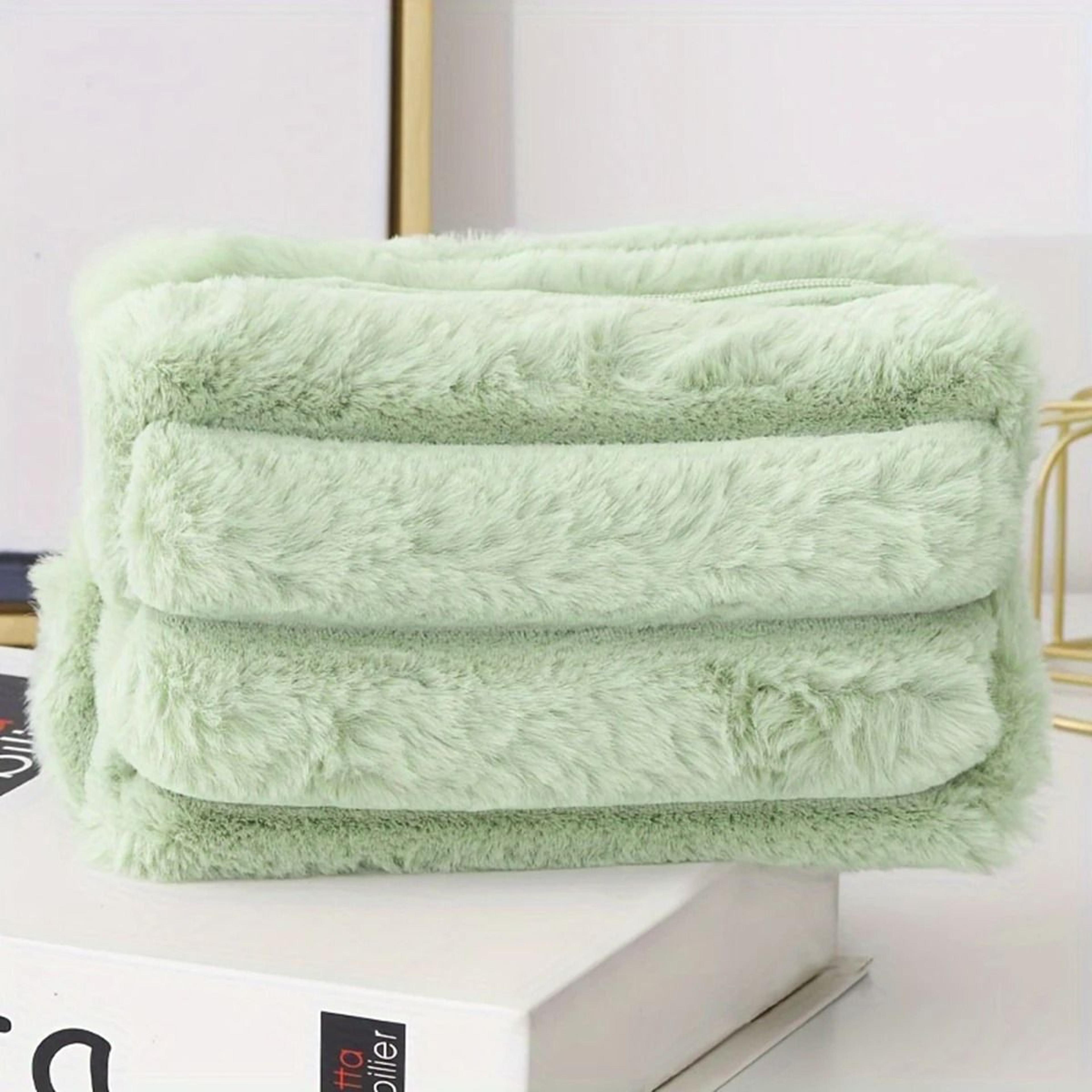 Cute Candy Color Plush Makeup Bag Large Capacity Striped Cosmetic Storage Pouch 4