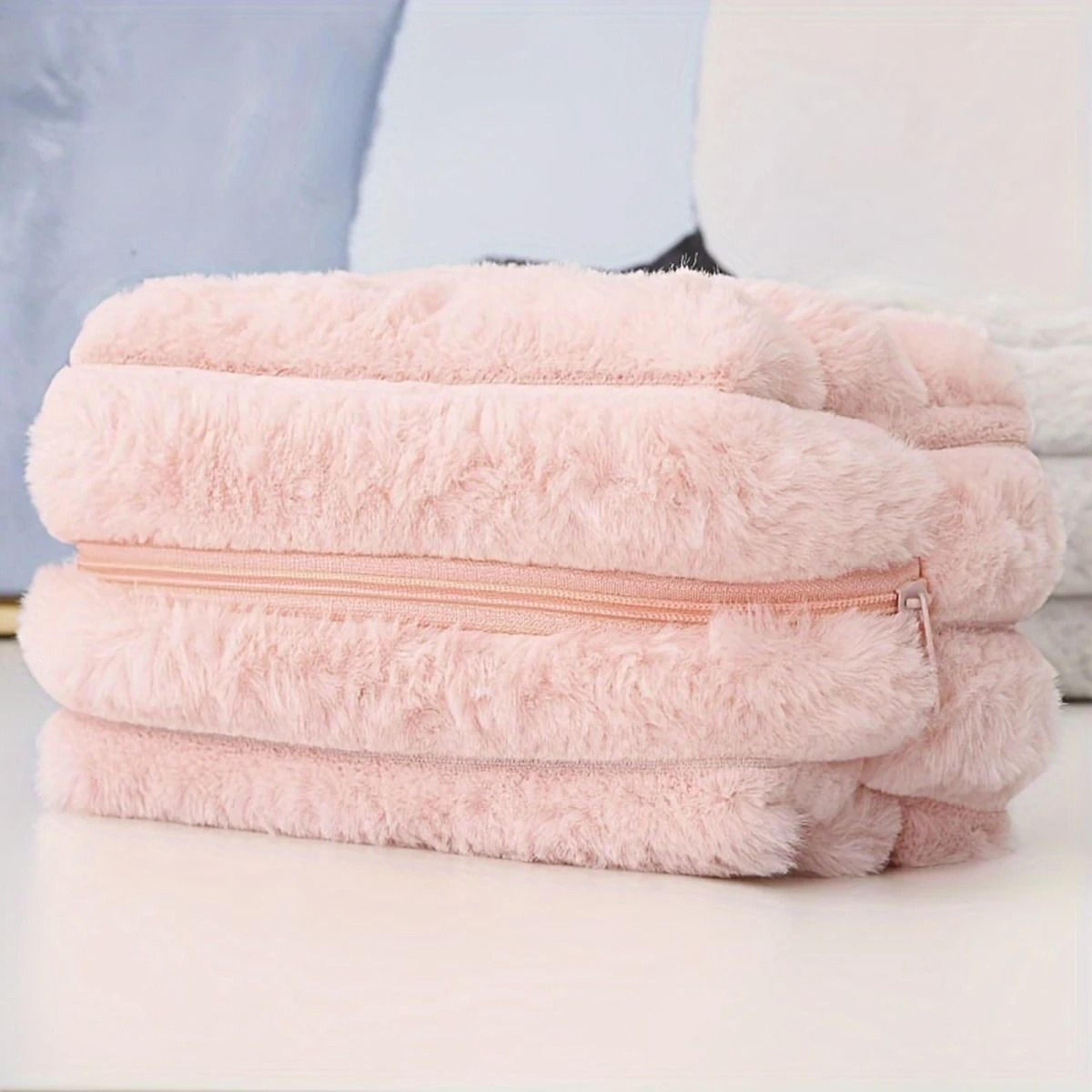 Cute Candy Color Plush Makeup Bag Large Capacity Striped Cosmetic Storage Pouch 2
