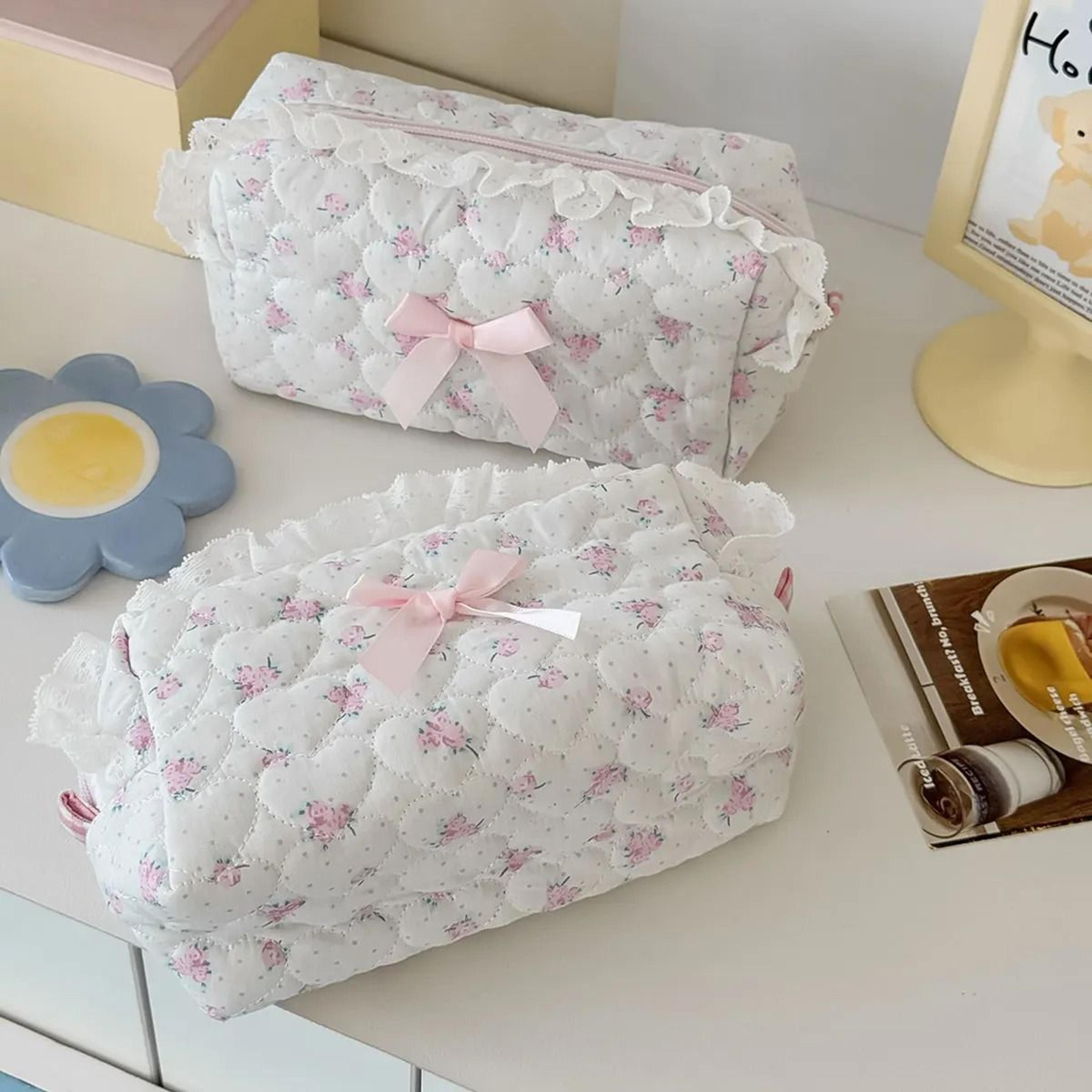 pink floral lace makeup bag cute bow cosmetic travel pouch