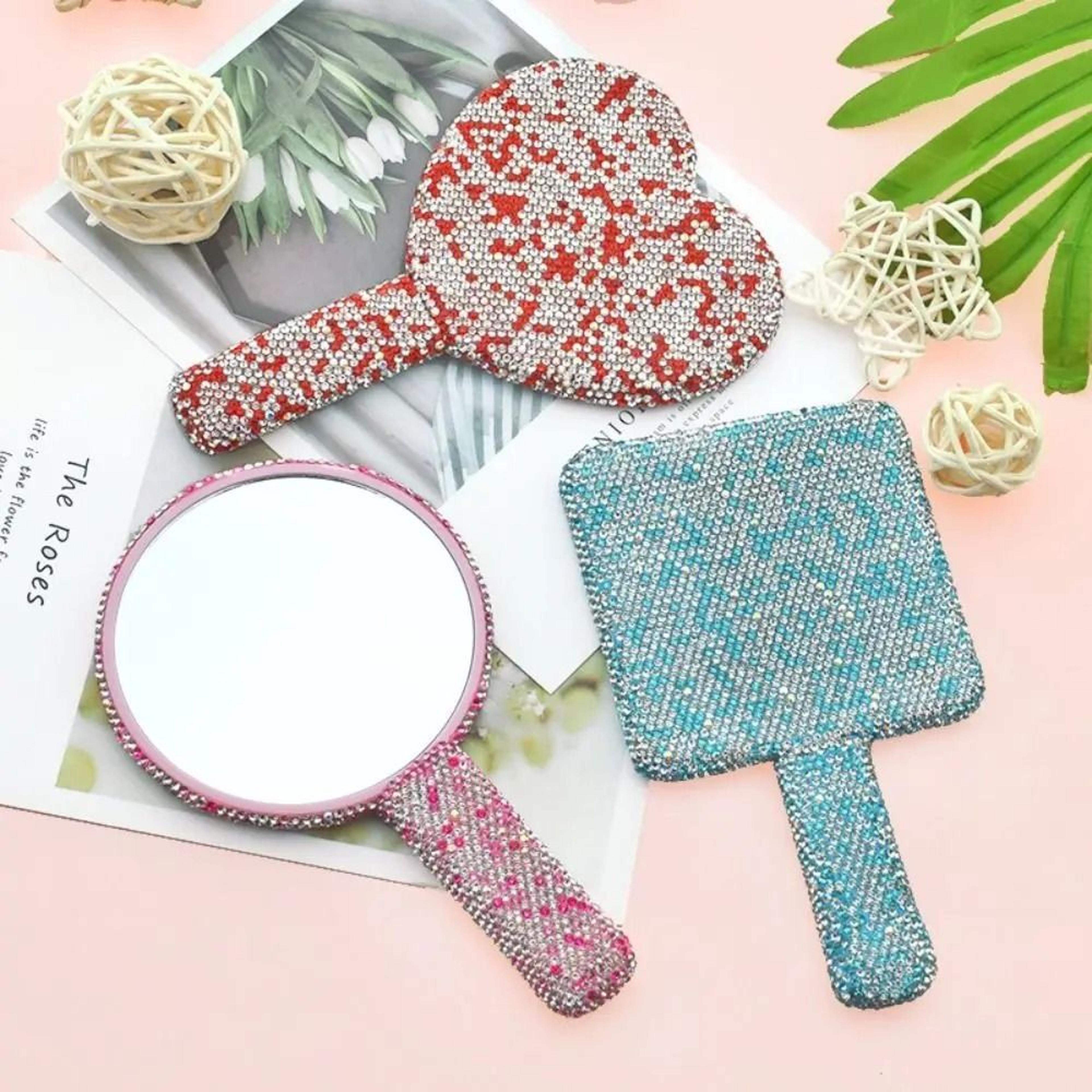 Glam Rhinestone Handheld Makeup Mirror Bling Heart Round Square Beauty Mirror 11
