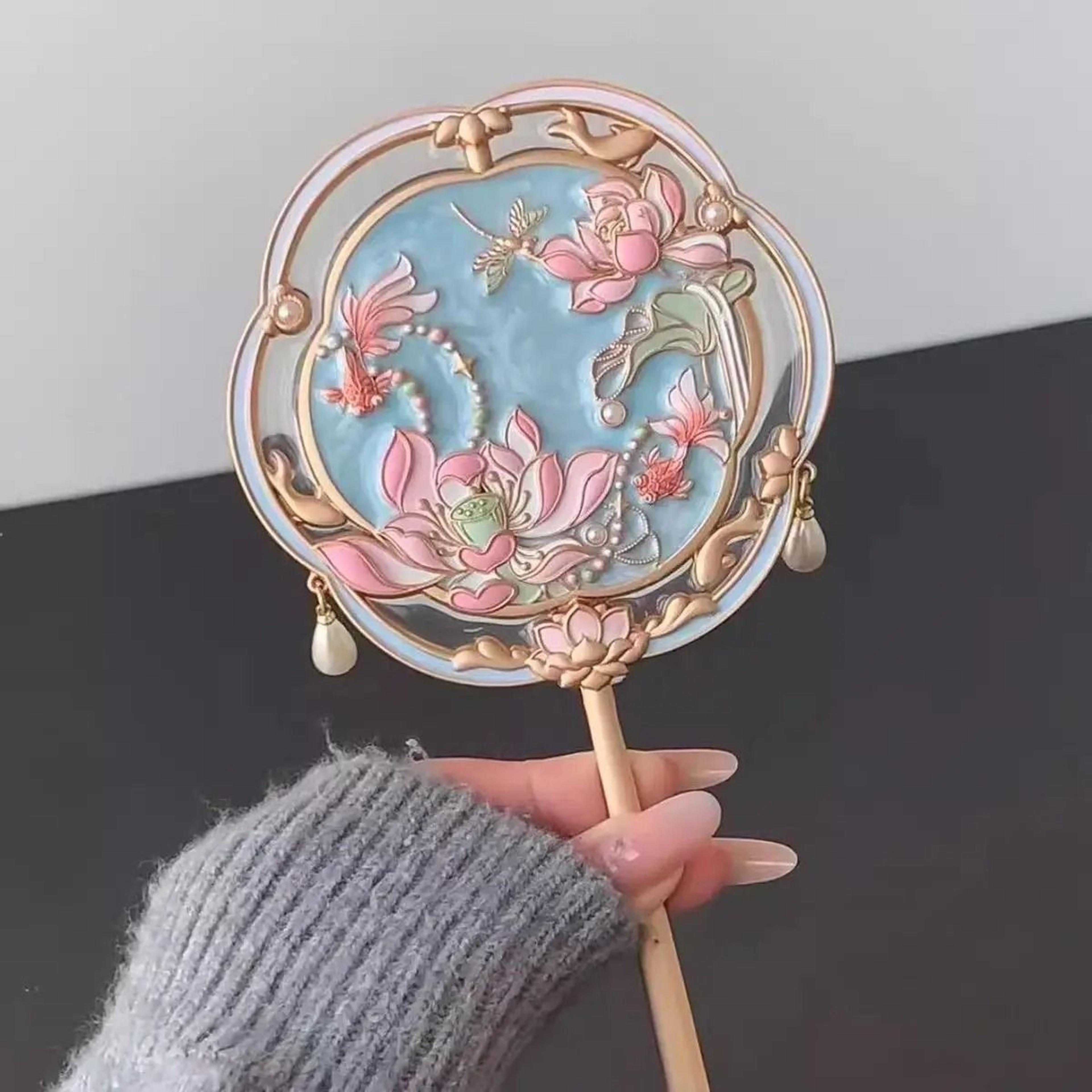 Beijing Hibiscus Handheld Makeup Mirror Portable Chinese Style Travel Souvenir Mirror 7