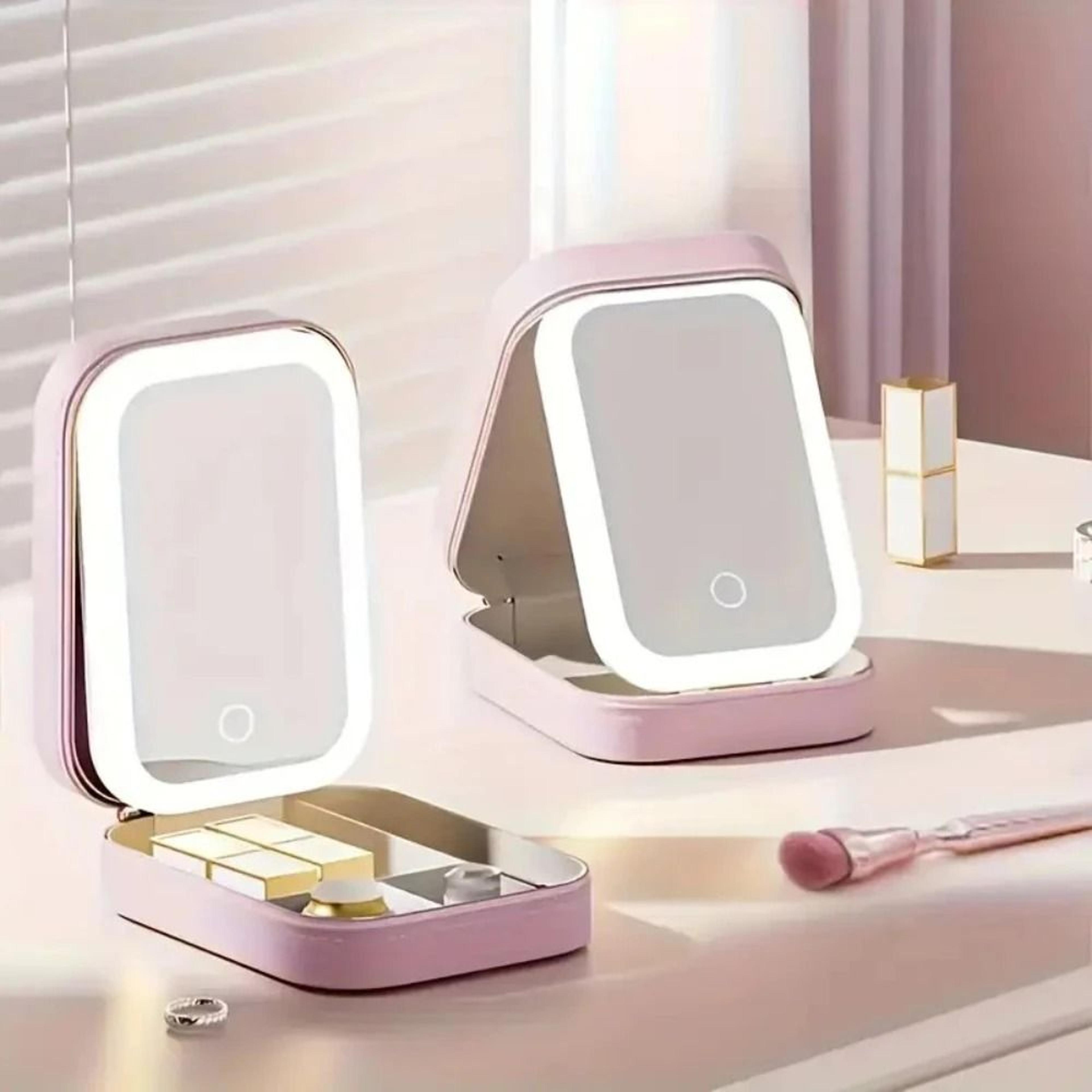 Rechargeable LED Makeup Mirror Portable Pink Travel Vanity Mirror 3