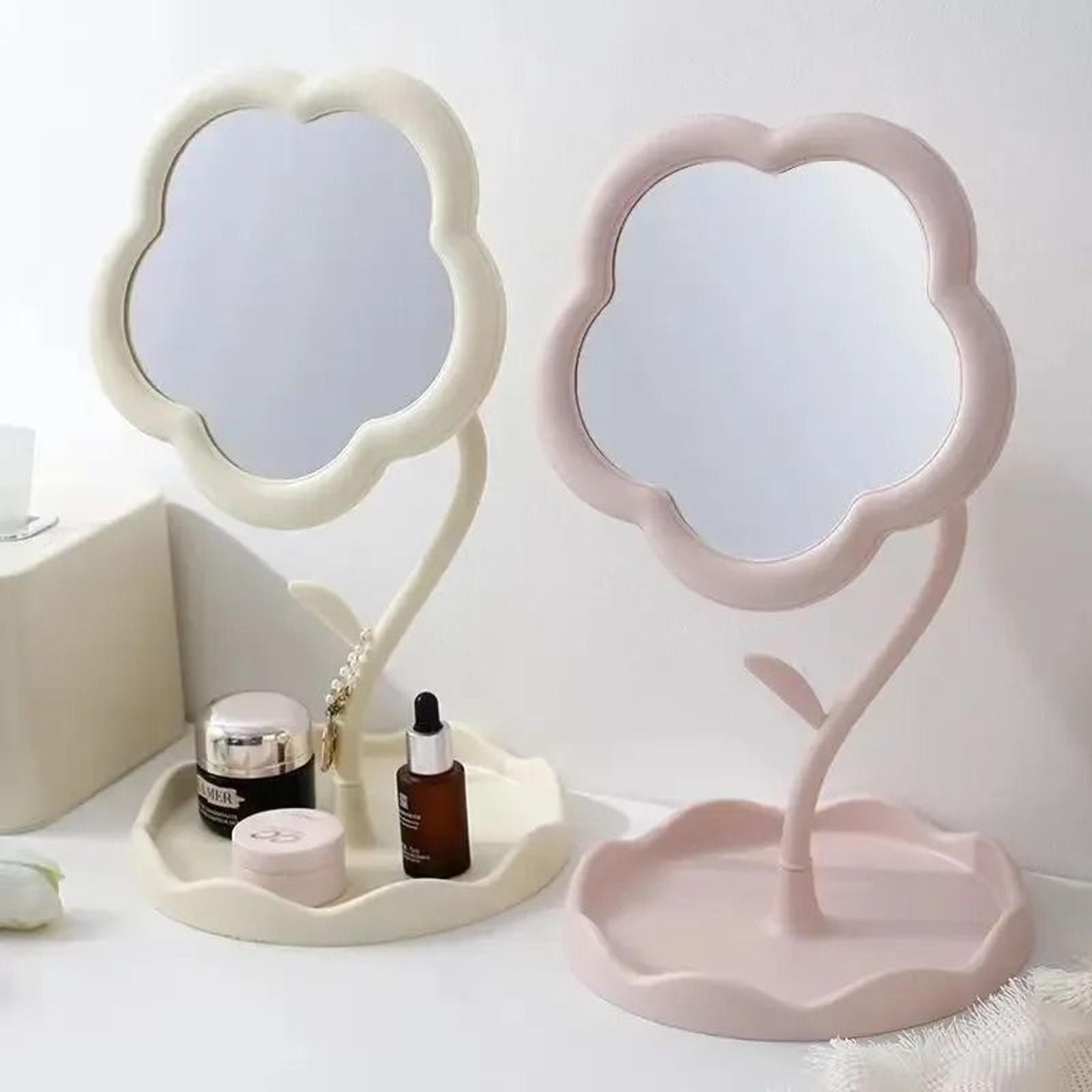 Flower Vanity Mirror Rotating Desktop Makeup Mirror With Storage Tray 6