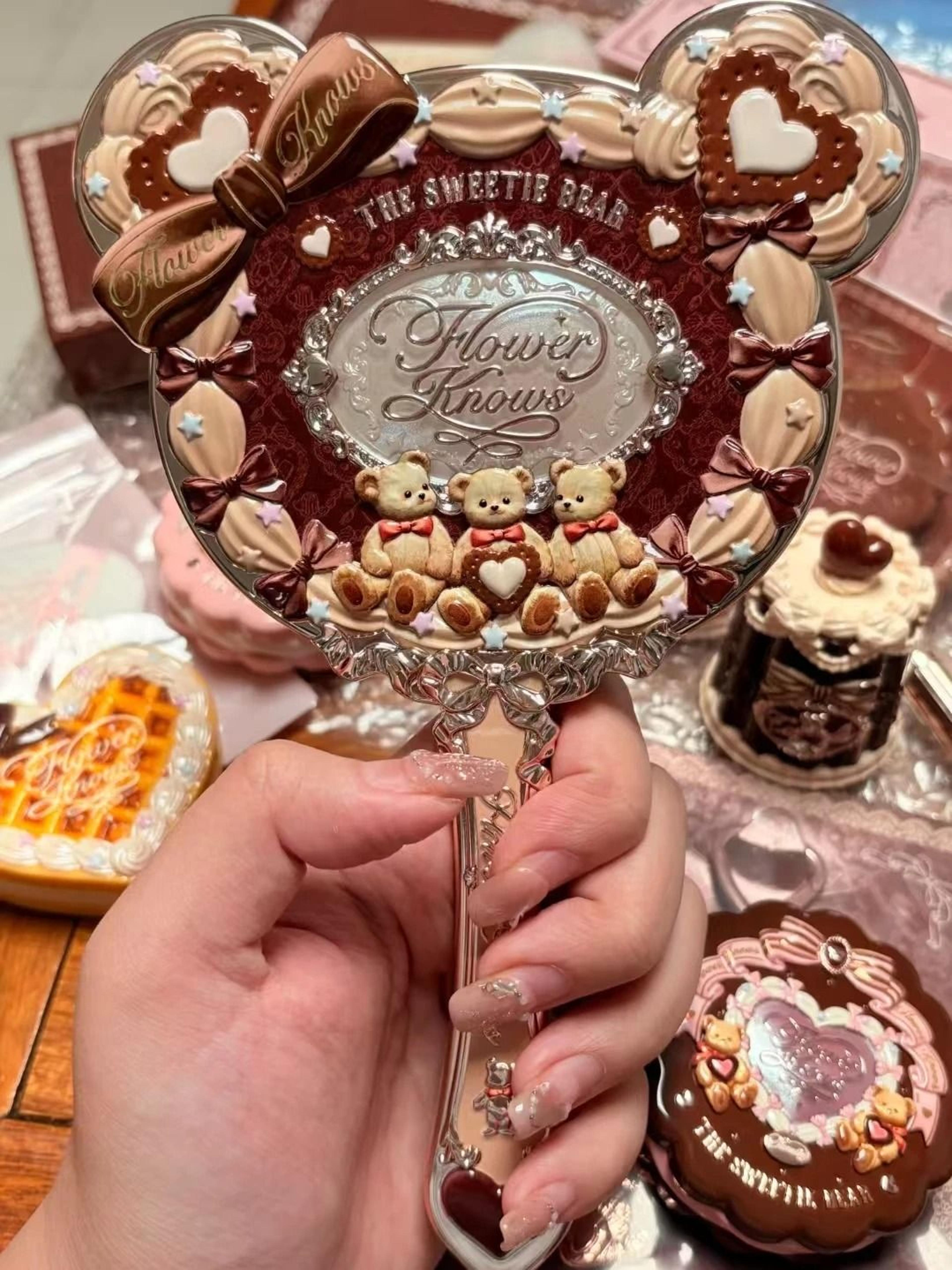 Flower Knows Sweetie Bear Hand Mirror Creamy Pink Vanity Mirror 1