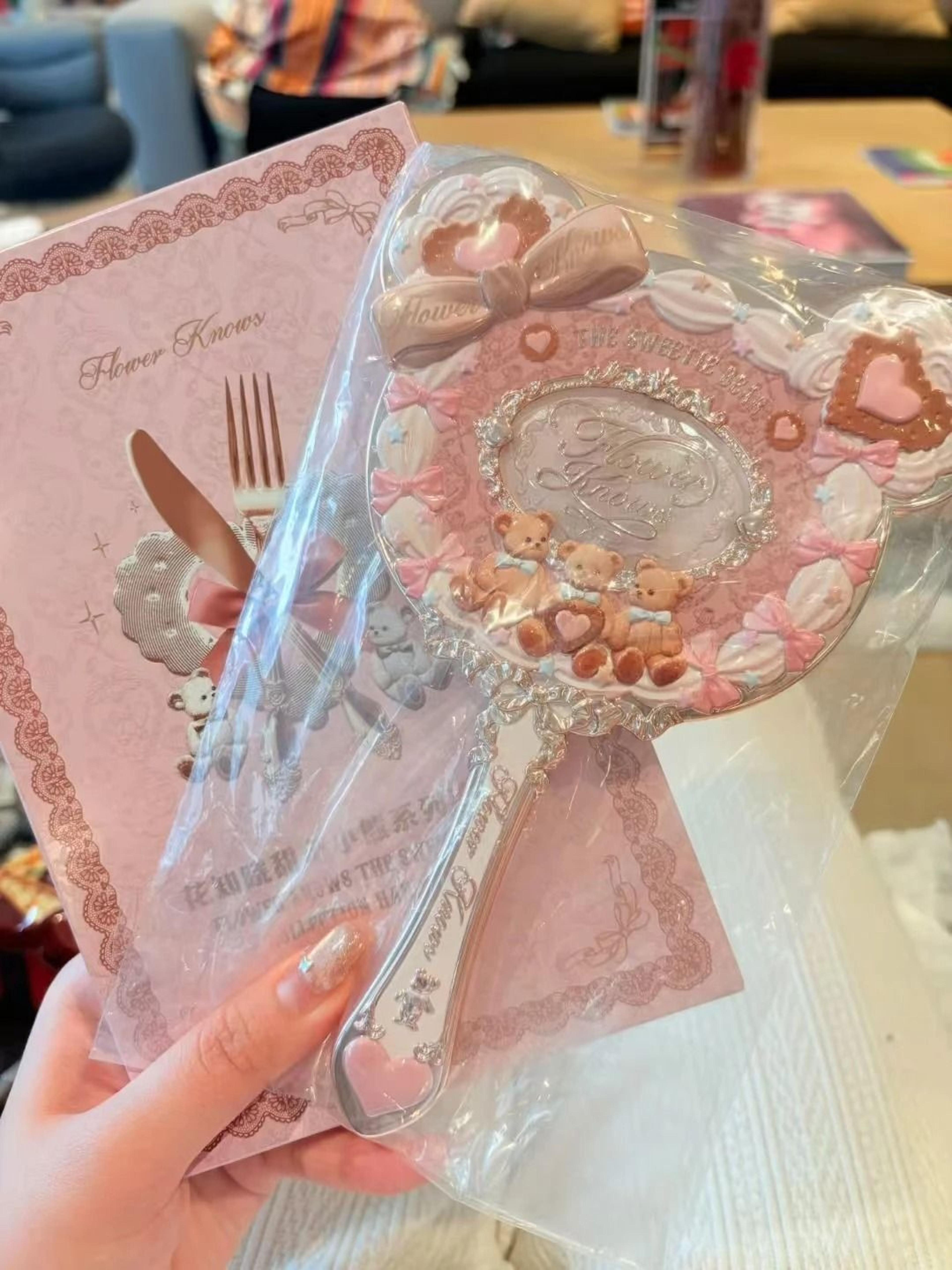Flower Knows Sweetie Bear Hand Mirror Creamy Pink Vanity Mirror 17