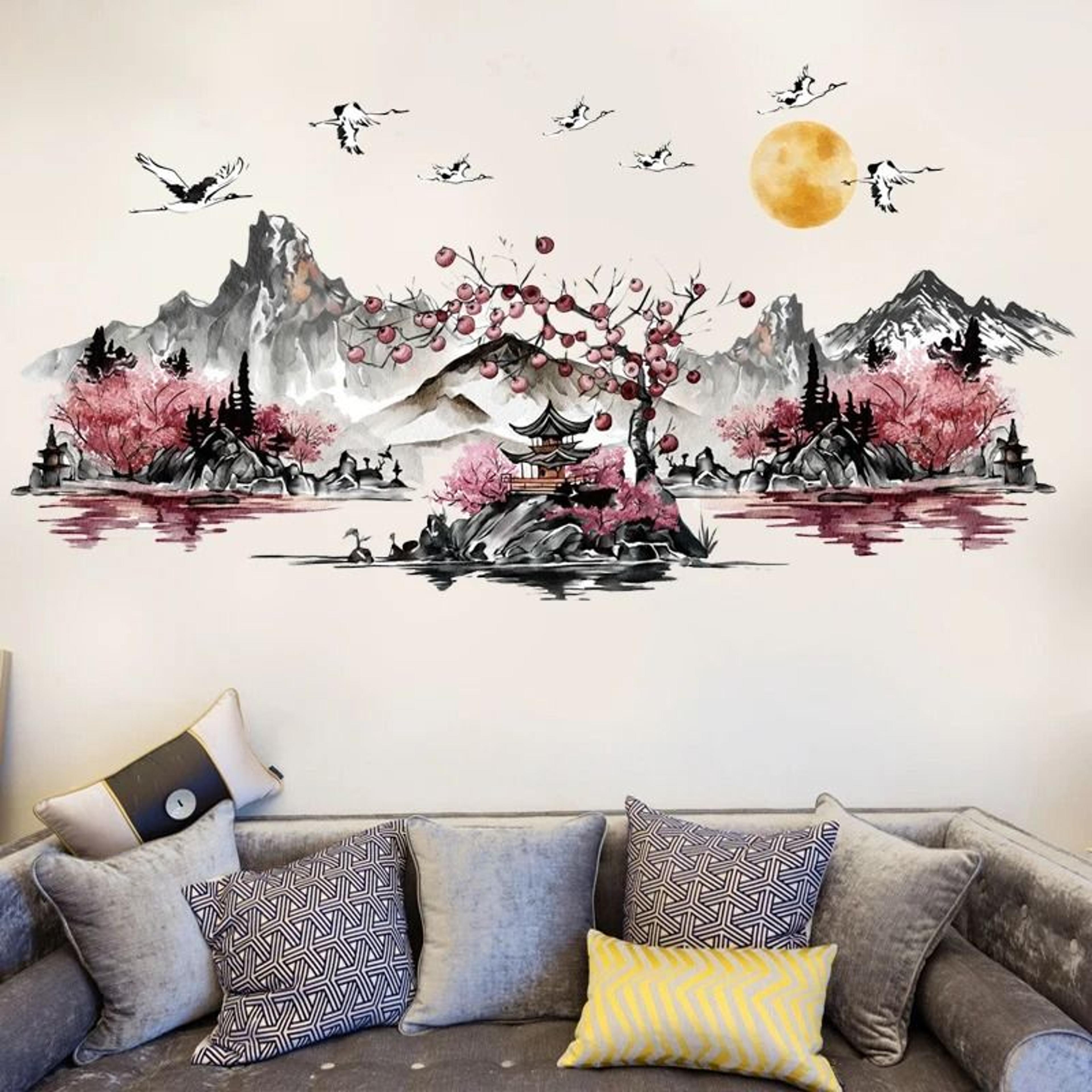 serenevista chinese landscape wall sticker crane wall decal self adhesive wall art