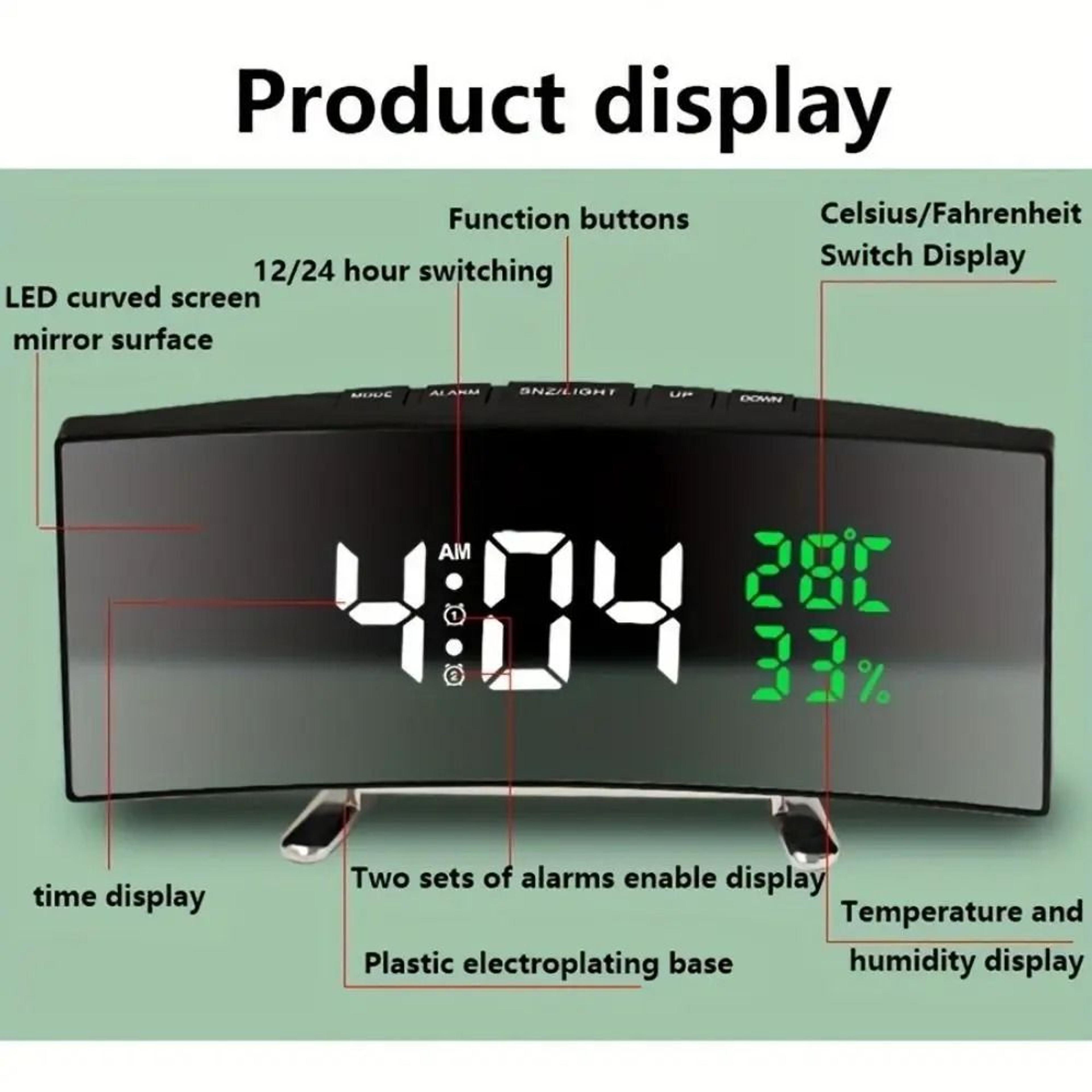 Curved LED Digital Alarm Clock With Temperature Humidity And Adjustable Brightness 9