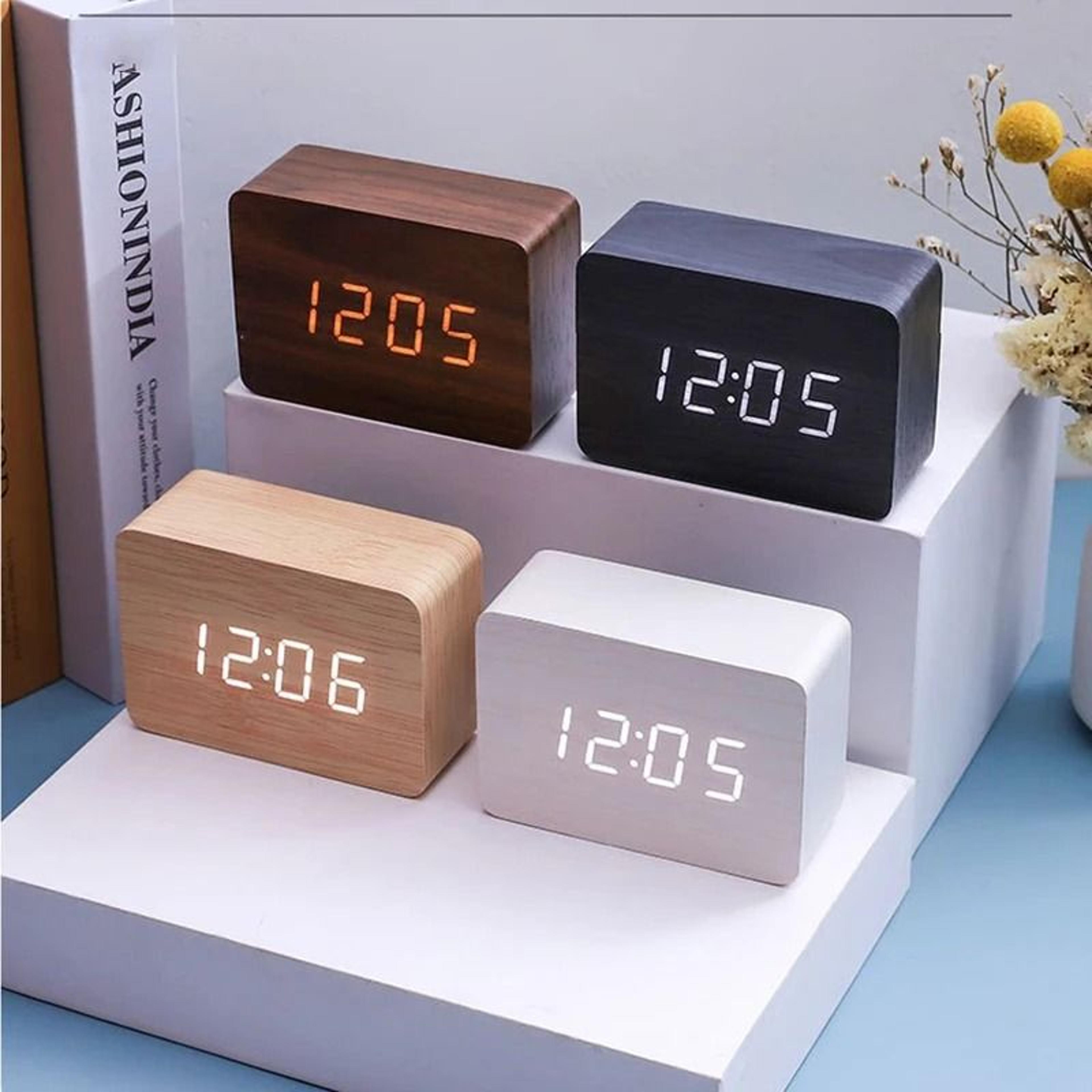 wooden led digital alarm clock with voice control and temperature display