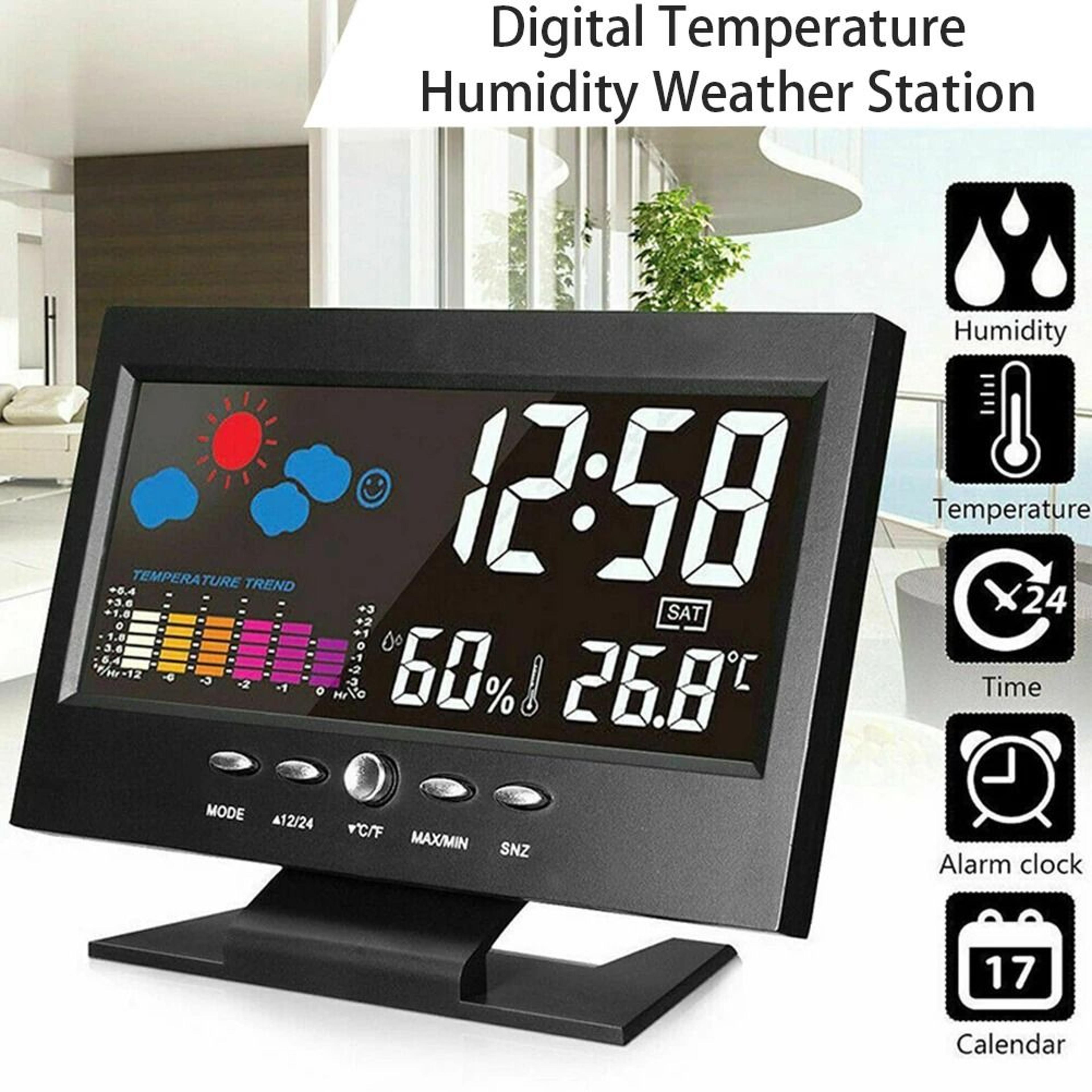smart digital weather clock with temperature humidity monitor and calendar