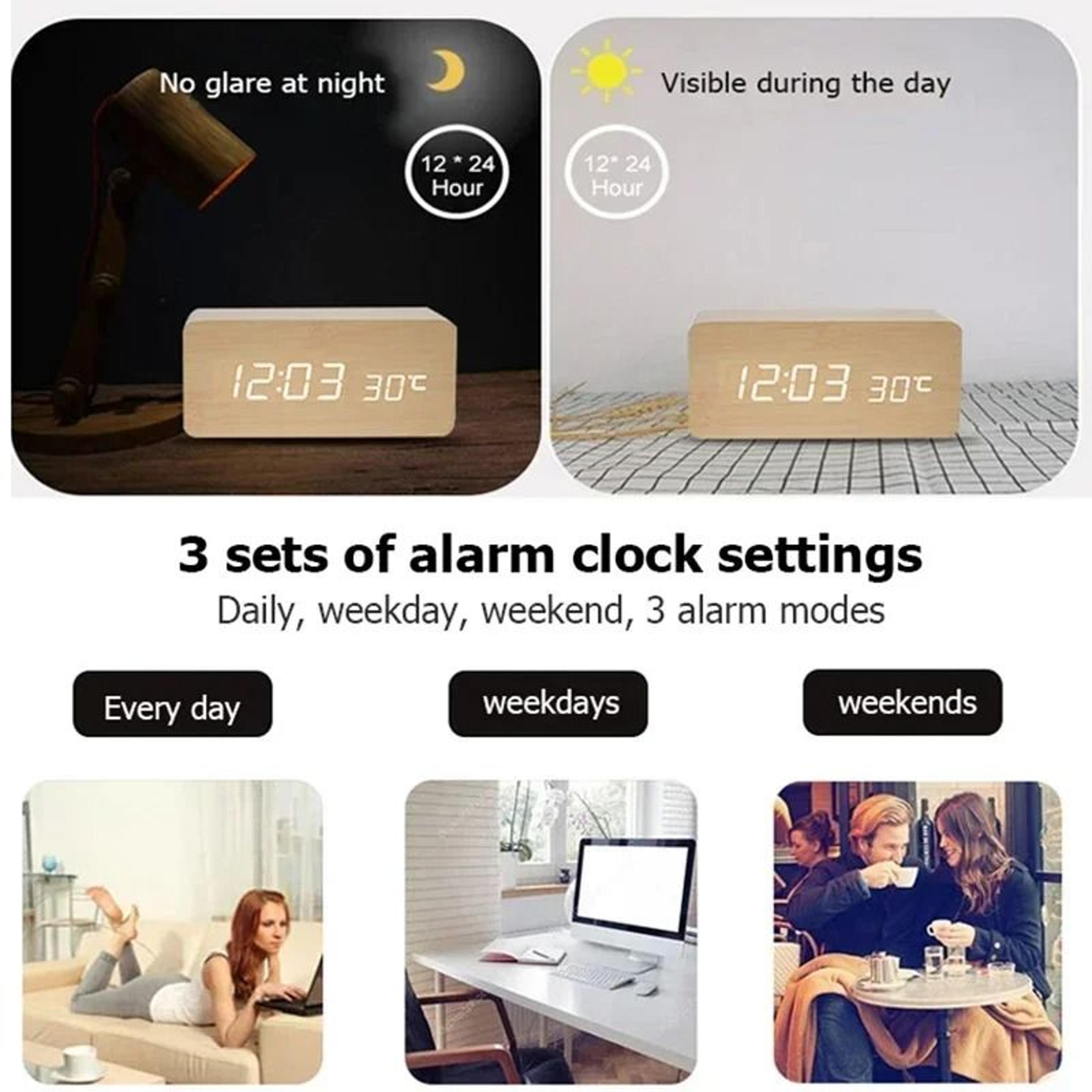 Wooden Digital Alarm Clock With LED Temperature Display 6