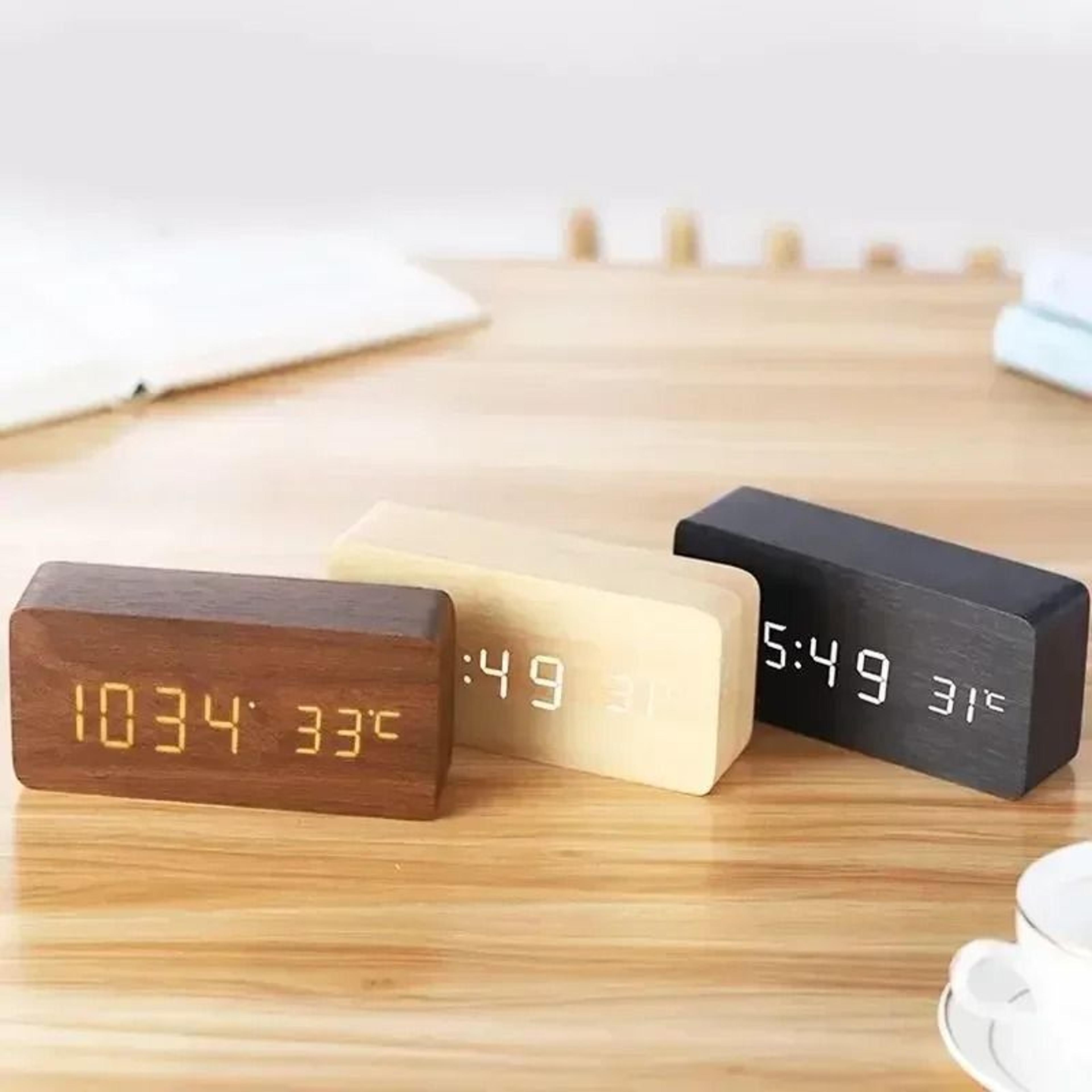 Wooden Digital Alarm Clock With LED Temperature Display 0