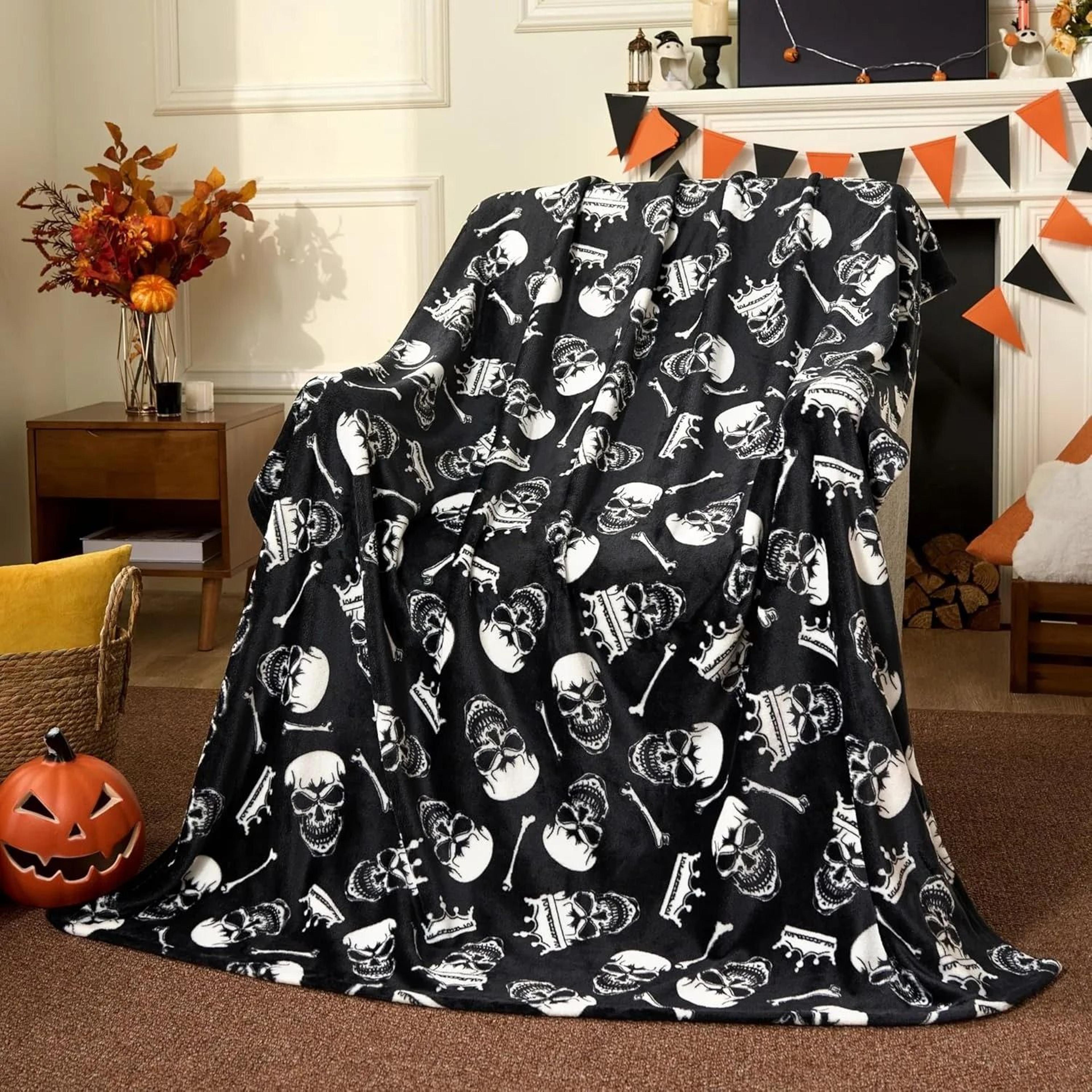 Halloween Fleece Throw Blanket Black Bat Pumpkin Ghost Skull Design 2