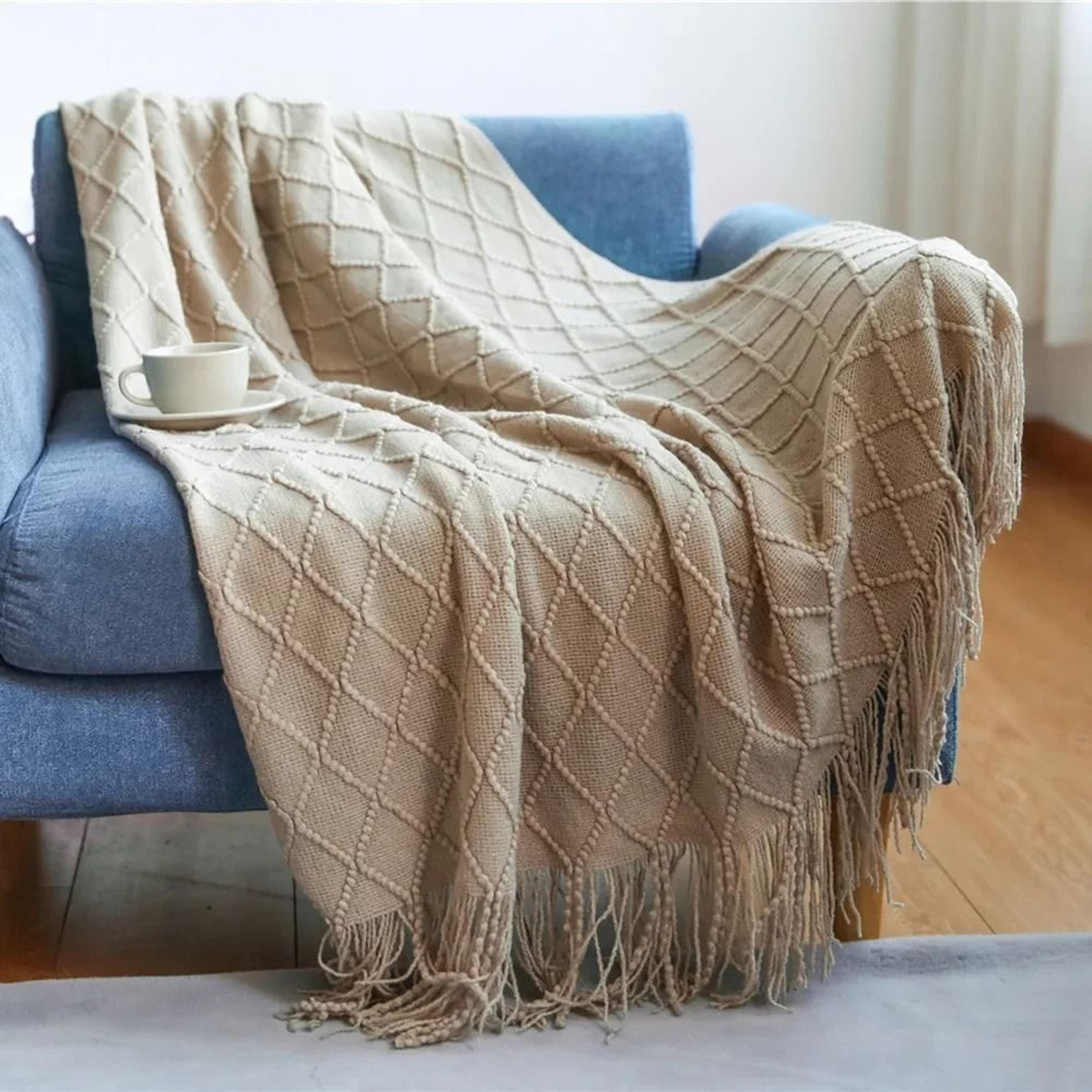 Nordic Knitted Throw Blanket With Tassels Soft Textured Sofa Cover 14