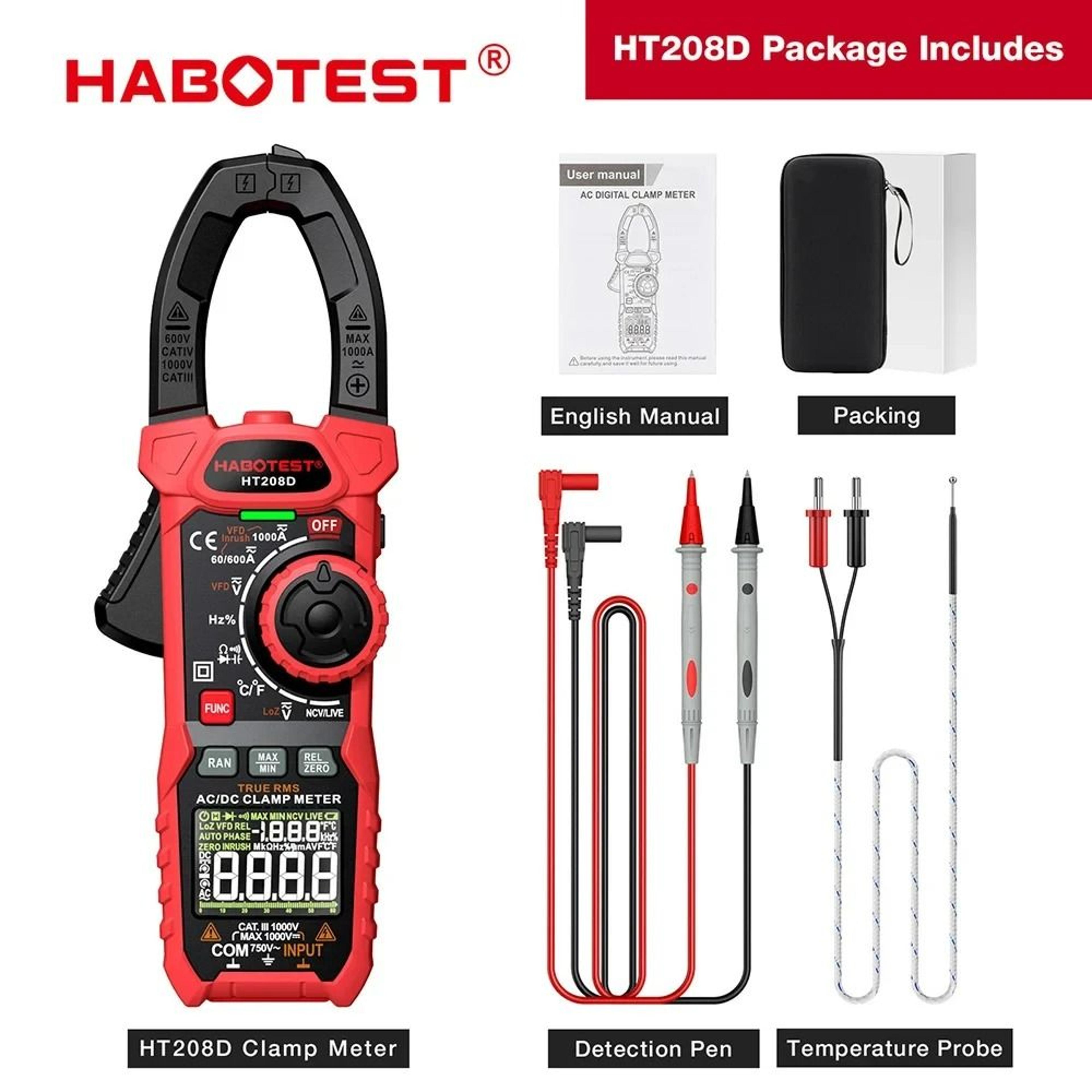 HT208D 1000A True RMS Digital Clamp Meter AC DC Current Tester 2