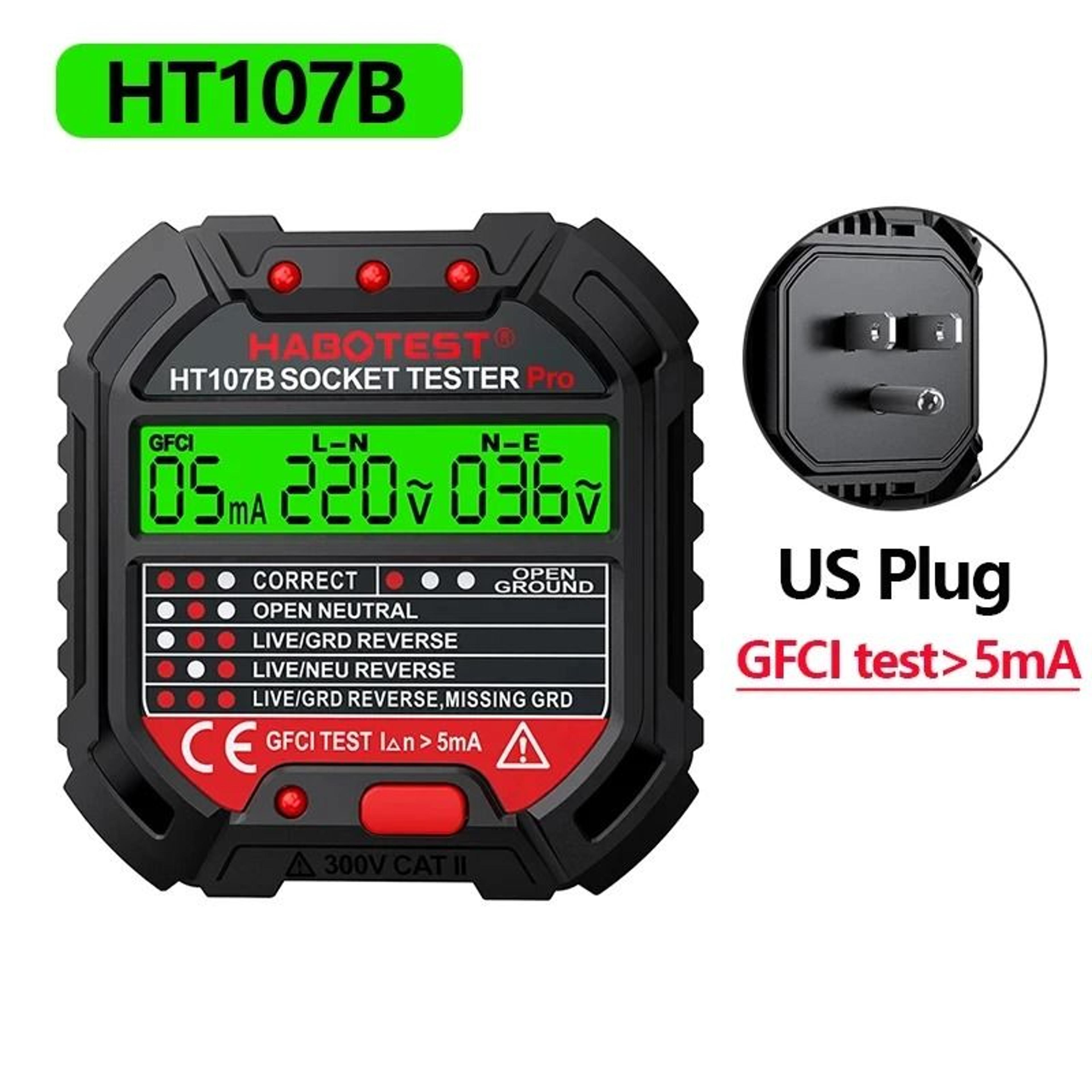HT106 HT107 Digital Socket Tester With Voltage And RCD GFCI Check 4