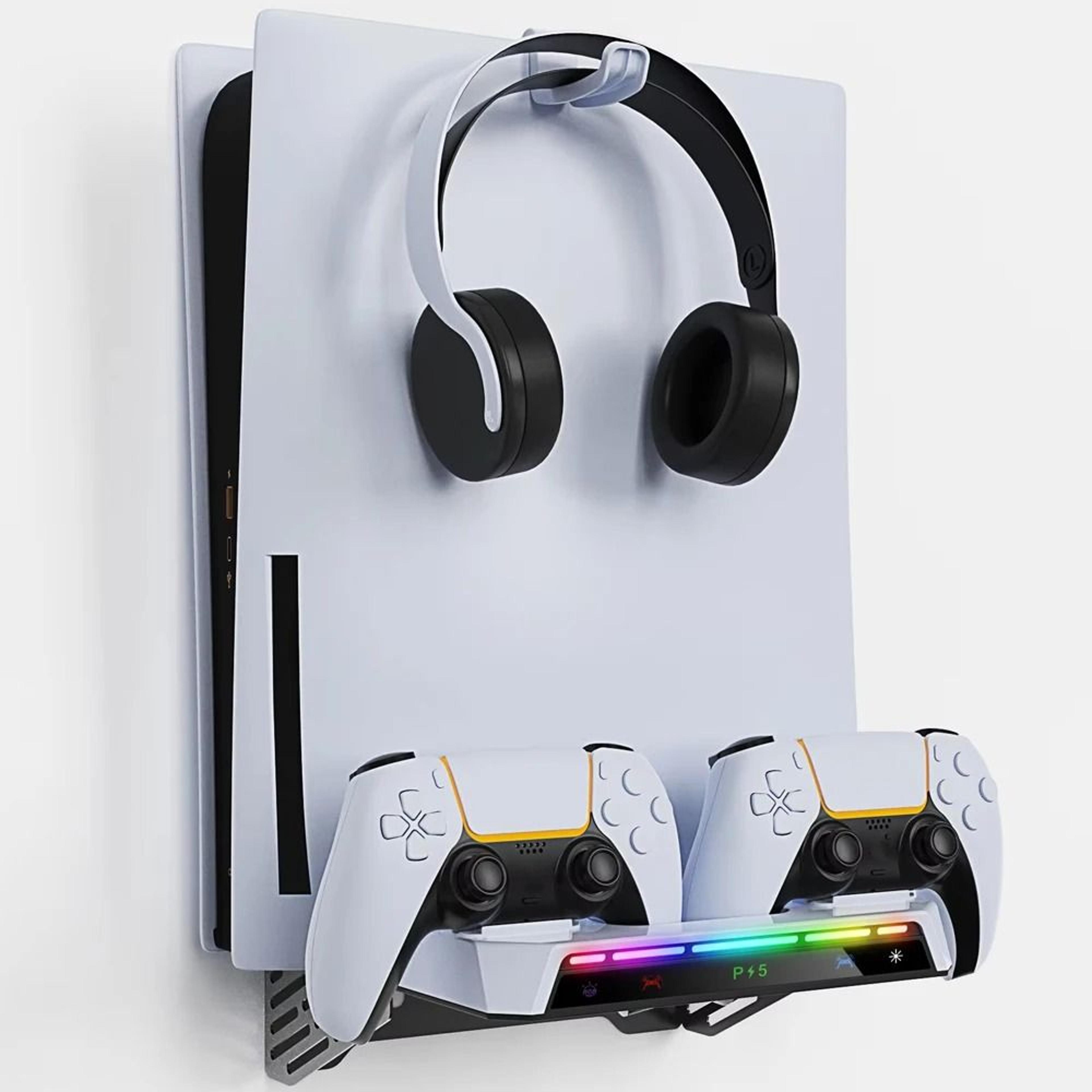 PS5 Wall Mount With RGB Dual Controller Charging Station And Headset Hanger 1