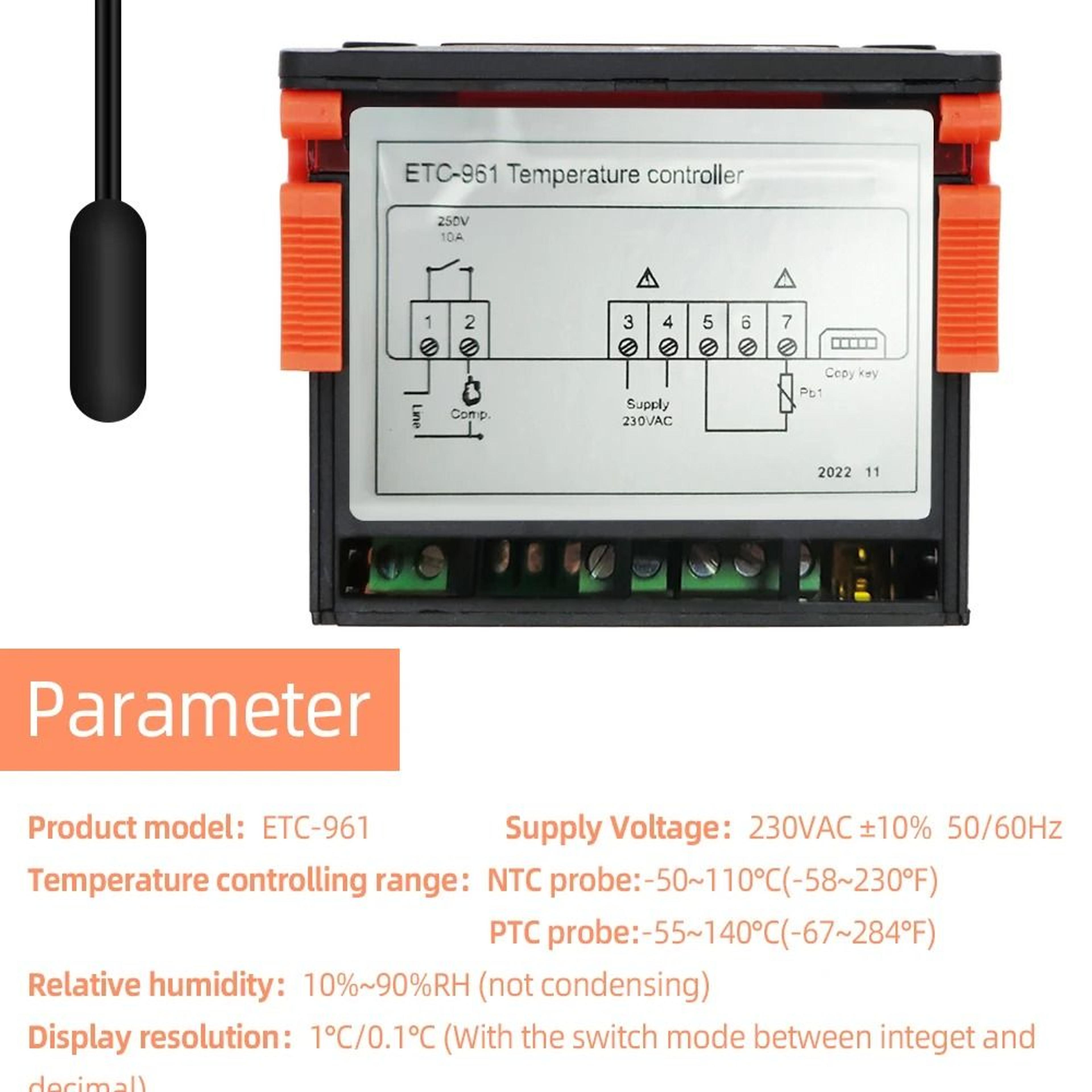 ETC961 Digital Temperature Controller 220V Refrigeration Thermostat With NTC Sensor And Alarm 4