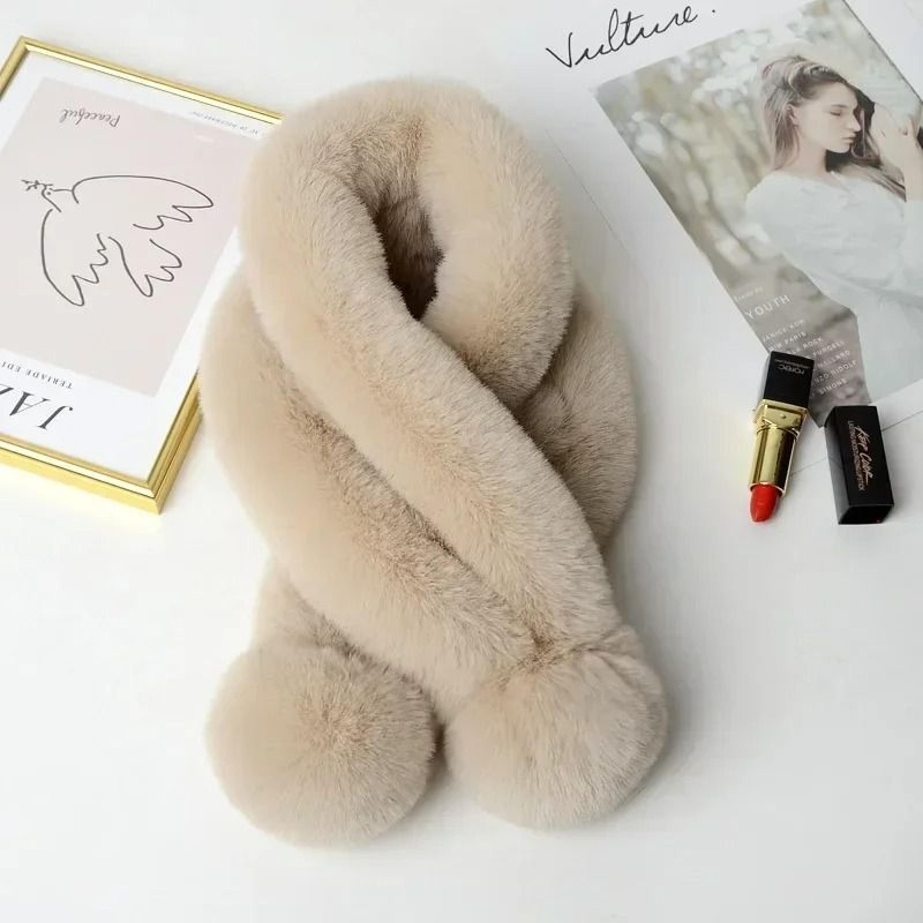Womens Faux Rabbit Fur Cross Scarf Plush Winter Neck Warmer With Fur Ball Detail 1