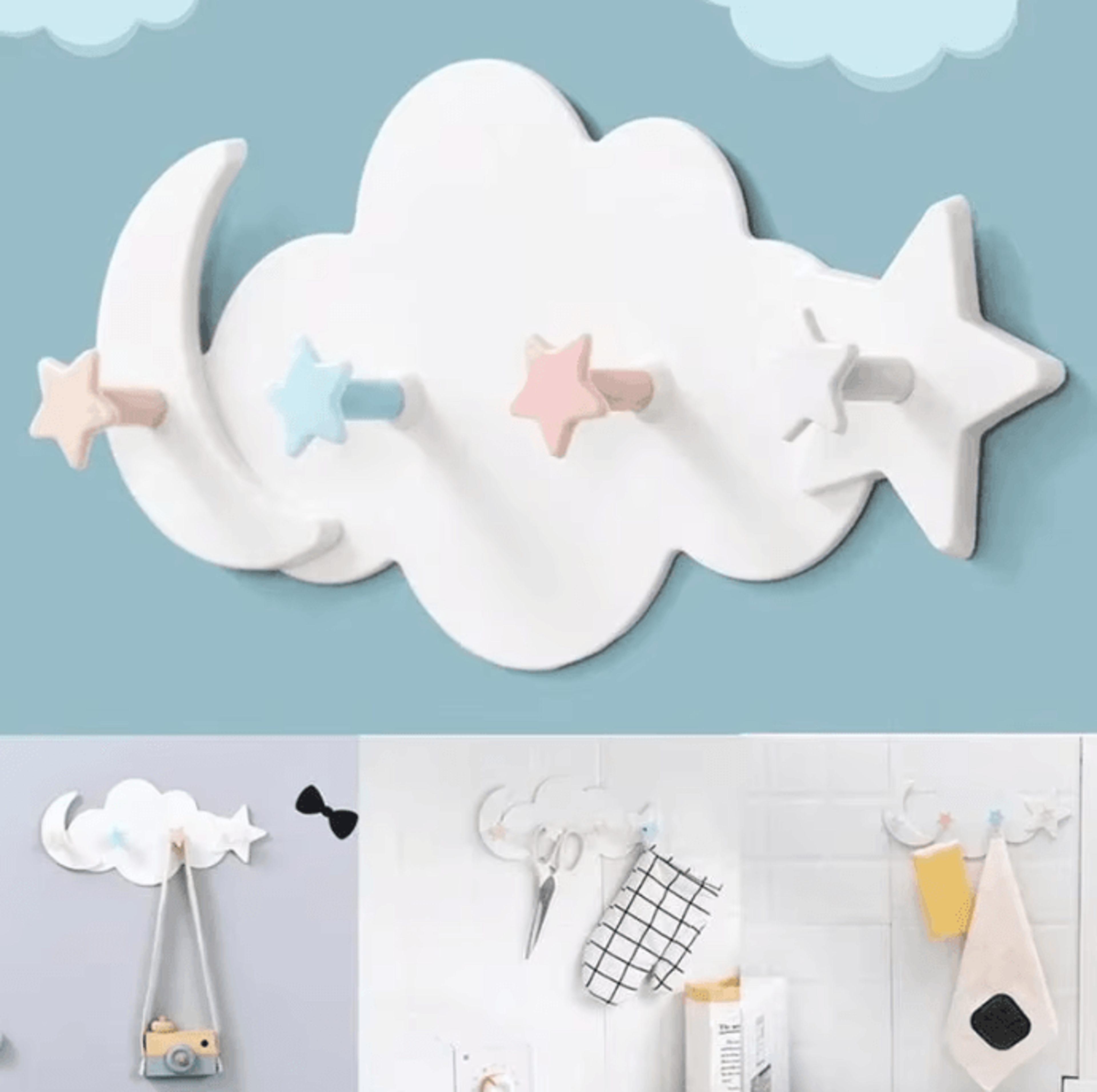 Cloud Moon Wall Hook Rack NoDrill Key Towel And Bag Organizer 3