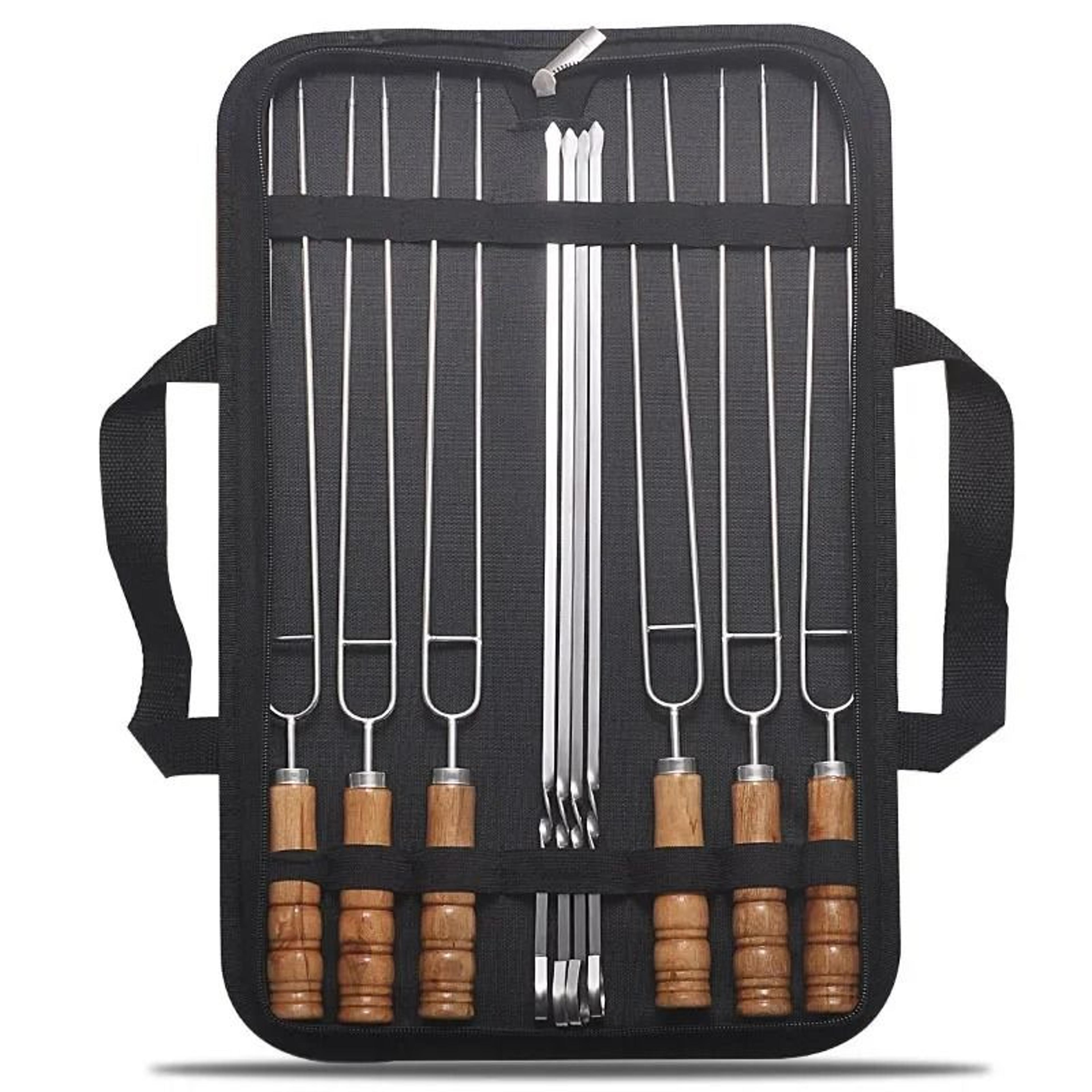 10-piece stainless steel bbq skewer set with wooden handles and bag